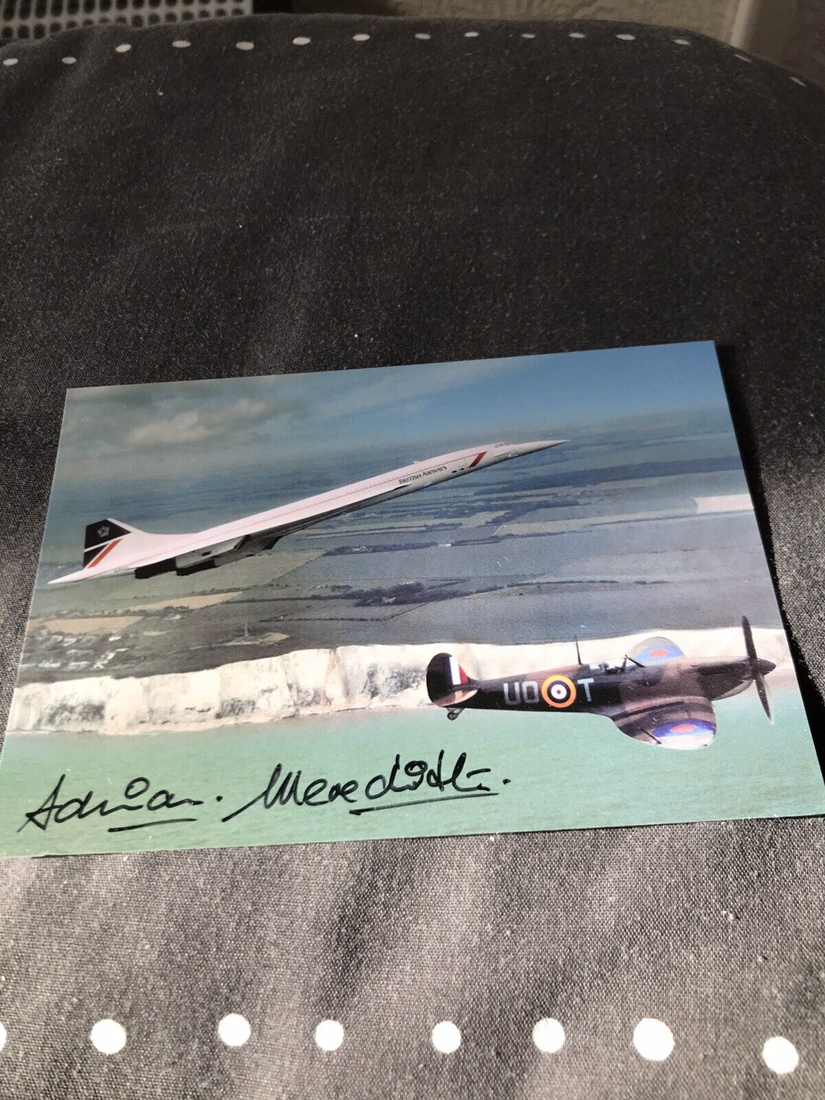 BA Concorde & Spitfire Over The White Cliffs Of Dover Postcard-signed Meredith