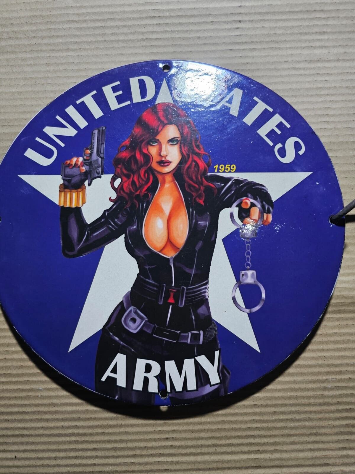 CLASSIC UNITED STATES ARMY GARAGE SEXY GIRL PINUP PORCELAIN ENAMEL SIGN.
