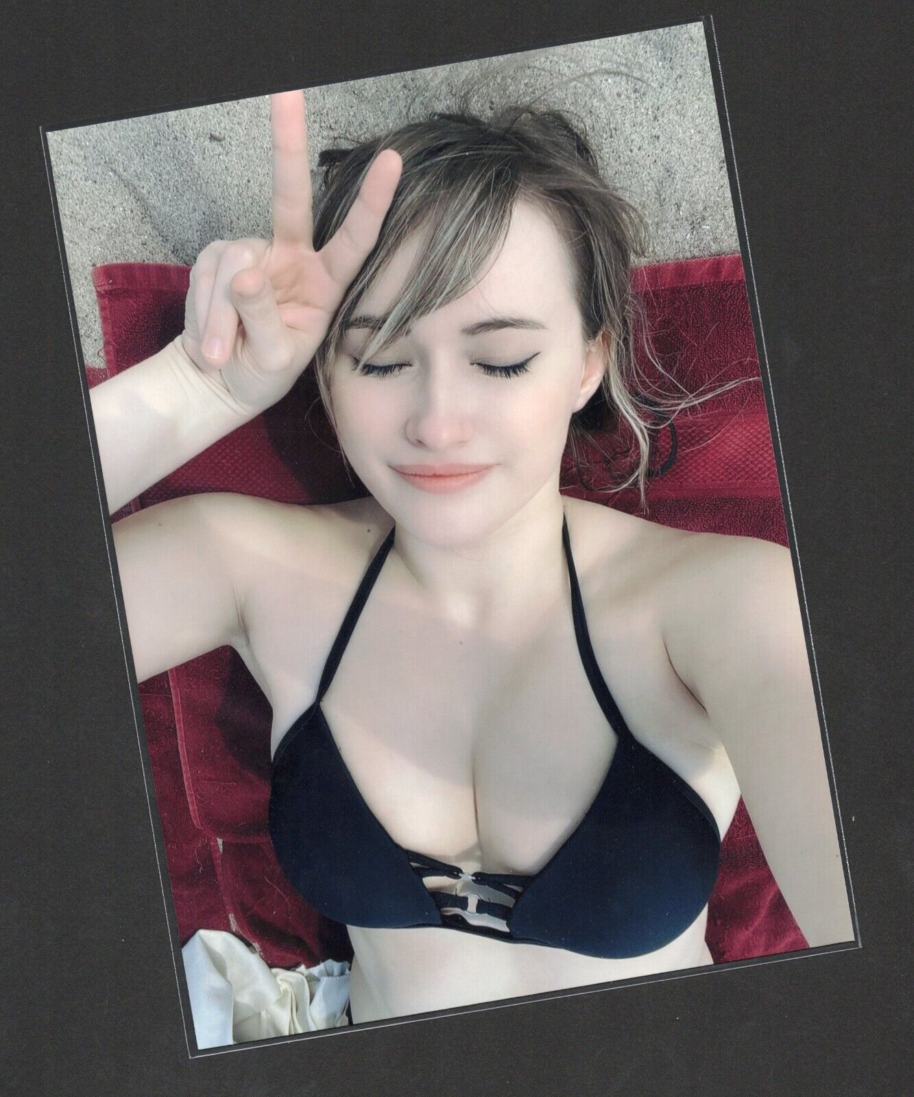 5x7 Pretty Woman Sunbathing V Sign Bikini Cleavage Fine Art Glossy Photo