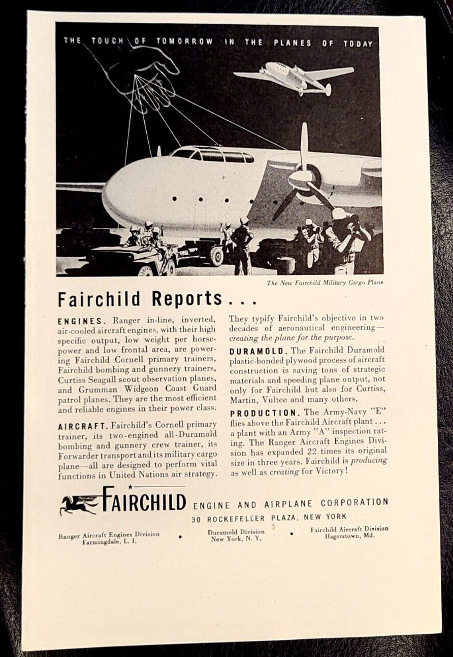 1943 WWII Fairchild Engine and Airplane War Military Cargo Plane Print Ad