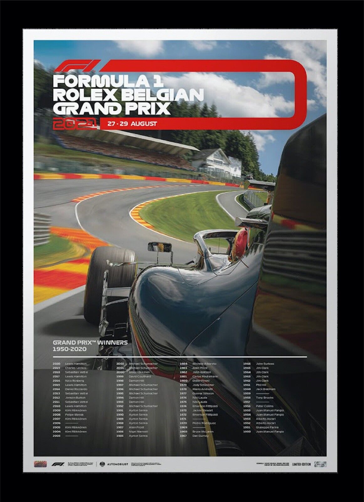 2021 Formula 1 F1 Belgian Grand Prix Limited Edition Poster ROLEX