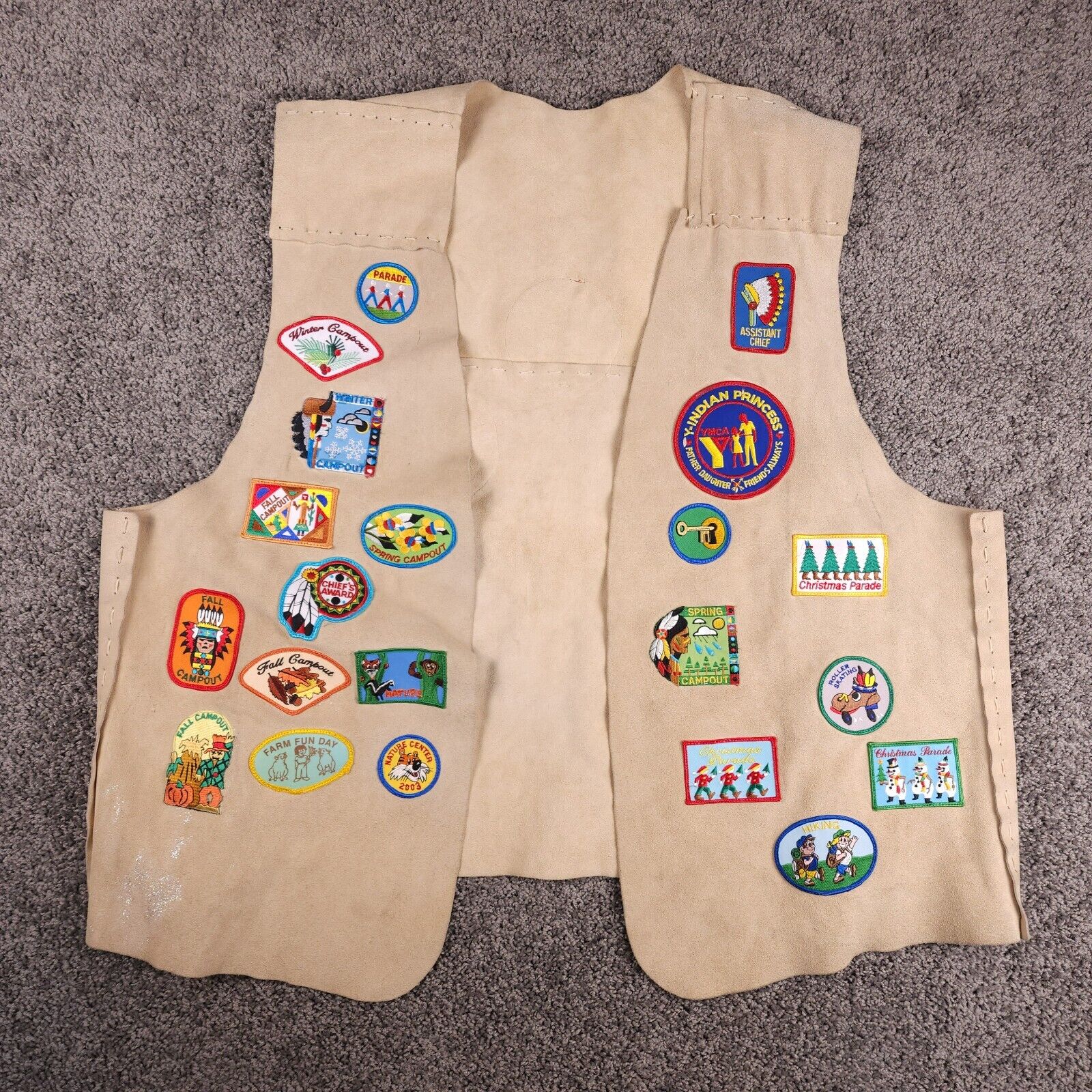 Vtg Handmade YMCA Leather Vest Y2K Patches Campouts Father Daughter Glitter Read