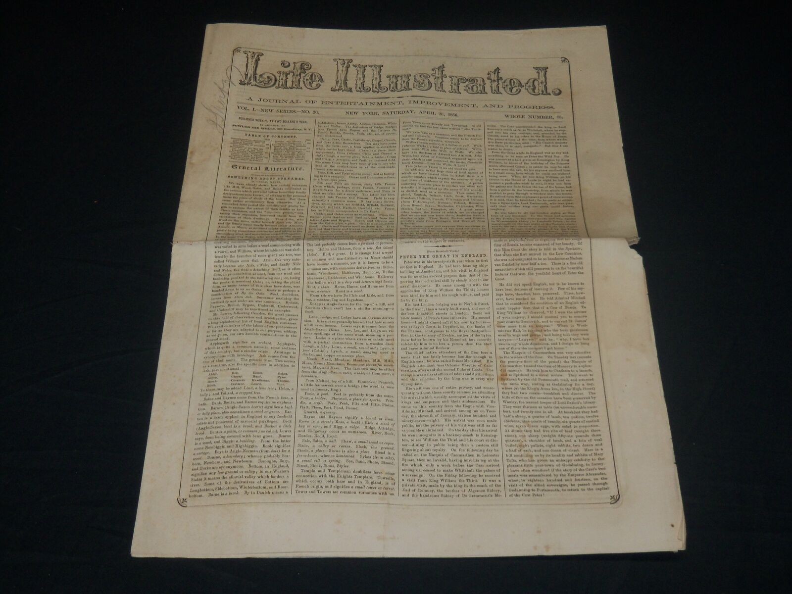 1856 APRIL 26 LIFE ILLUSTRATED NEWSPAPER - PETER THE GREAT - NP 4808