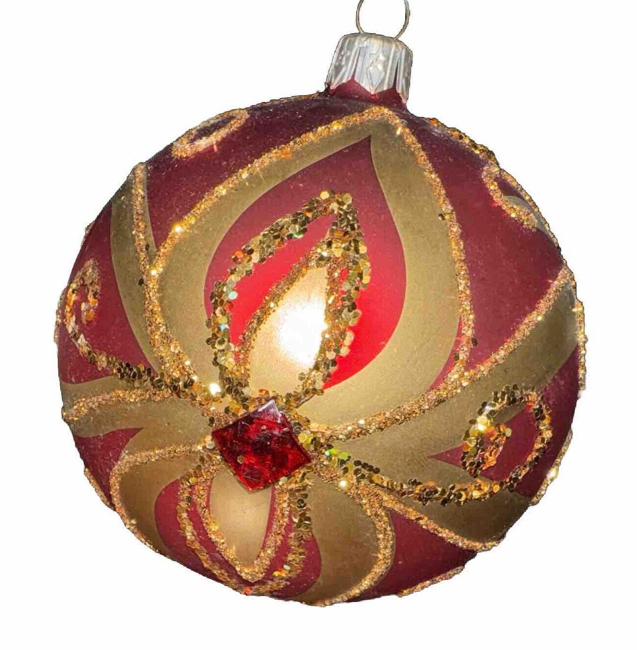 Vintage Large Hand Blown Glass Ornament Glittered Red Gold Designs