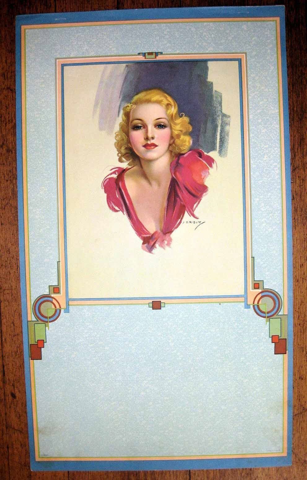1930s Pinup Girl Picture by Erbit Pastel Blond w/ Deco Border    M
