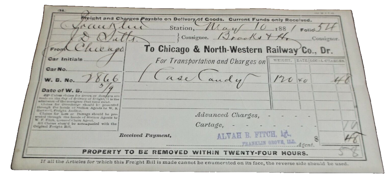 MAY 1881 C&NW CHICAGO & NORTH WESTERN FRANKLIN GROVE ILLINOIS FREIGHT BILL