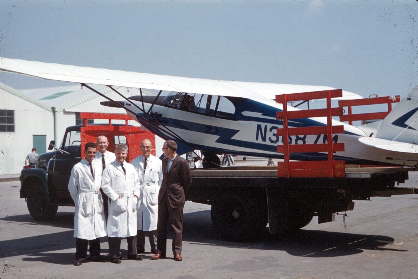 1961 Men in White Coats Doctors Standing by Small Plane Aircraft CA 35mm Slide