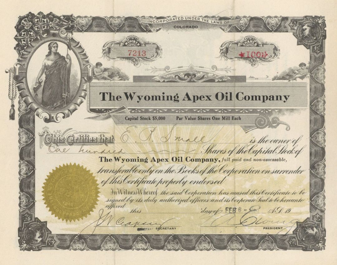 Wyoming Apex Oil Co. - 1910's dated Colorado Oil Stock Certificate - Oil Stocks 