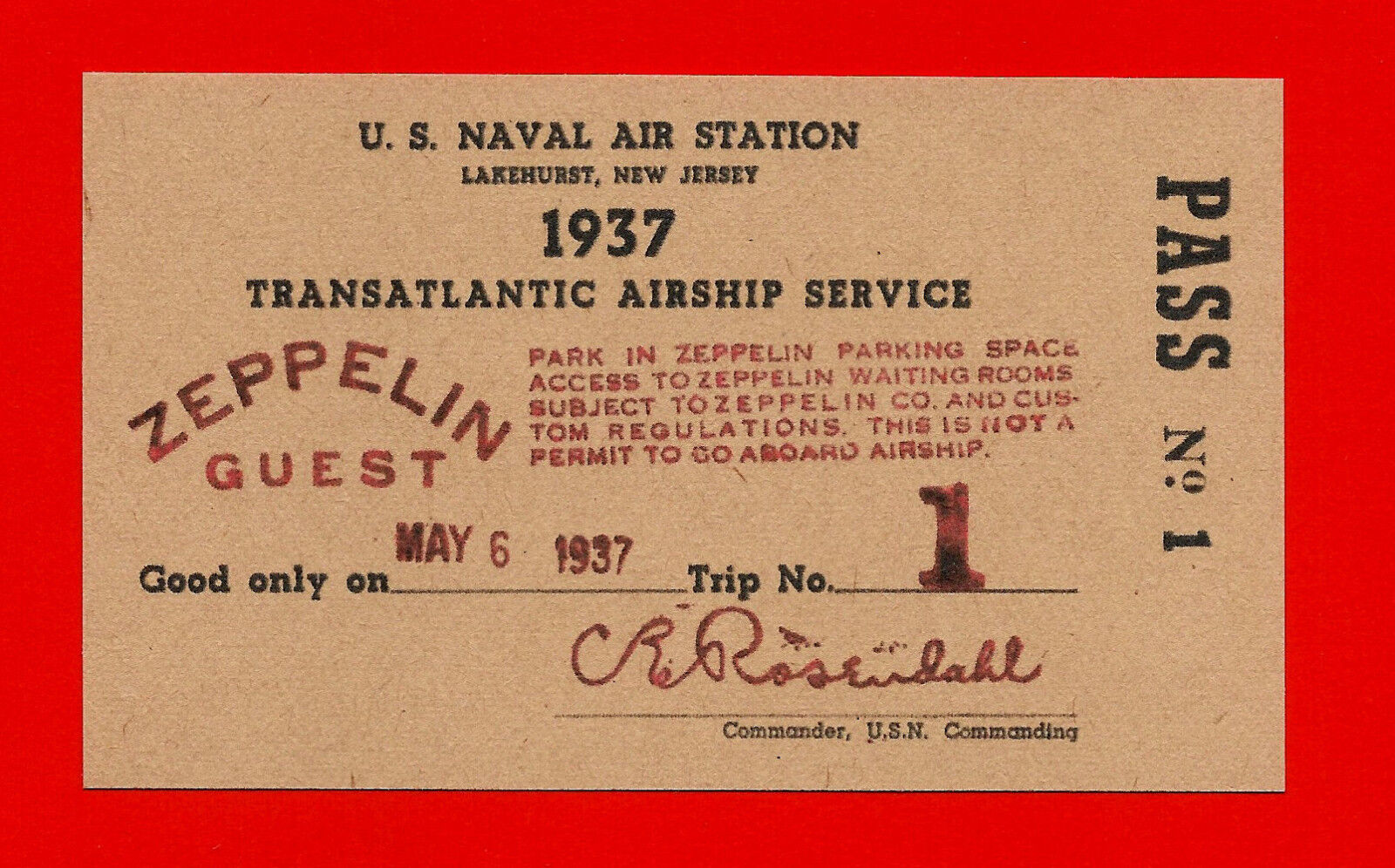 Hindenburg Airship Last Flight Ticket Reprint On 80 Year Old Paper Zeppelin *003