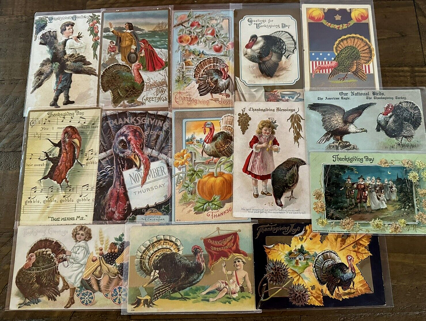 Lot of 15 Antique ~Thanksgiving Postcards~Turkeys~Pilgrims~Patriotic~Kids~h740
