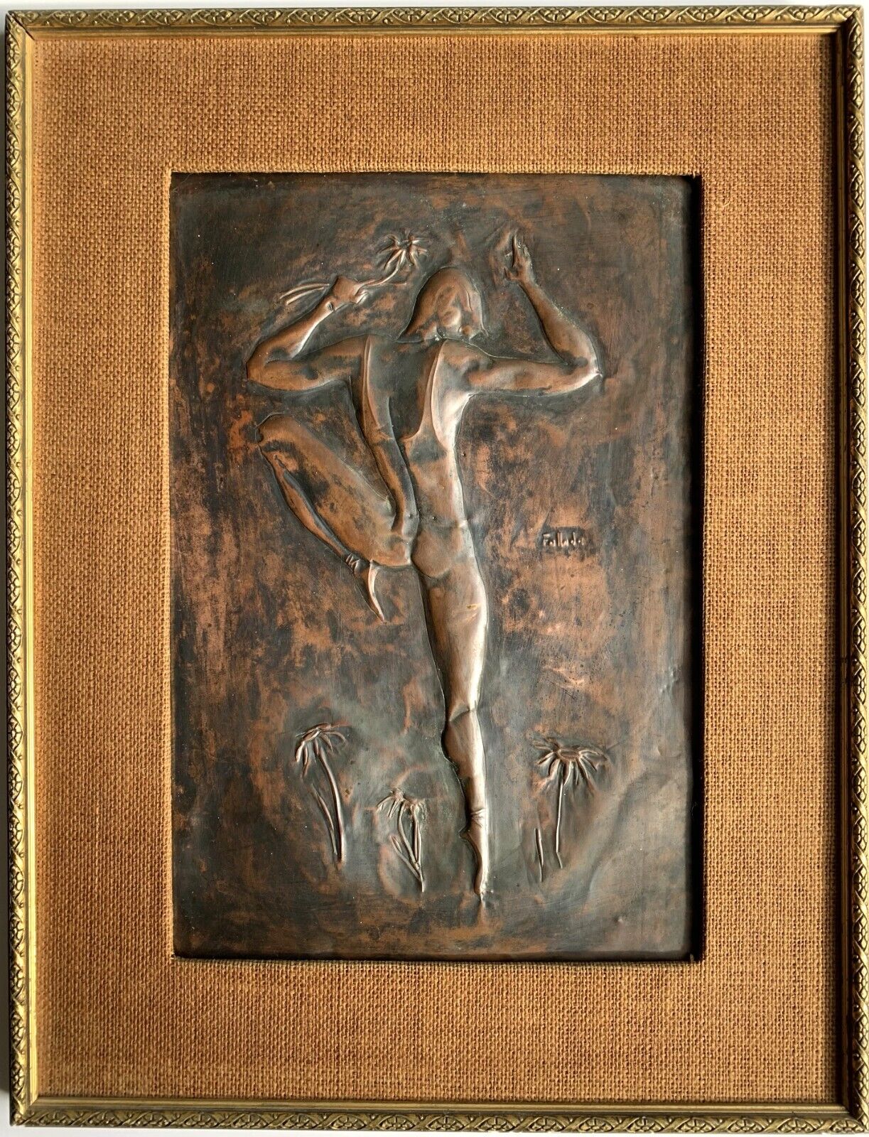 Early 20th Century Very Rare Art Deco Copper Bas-Relief Signed Plaque Painting