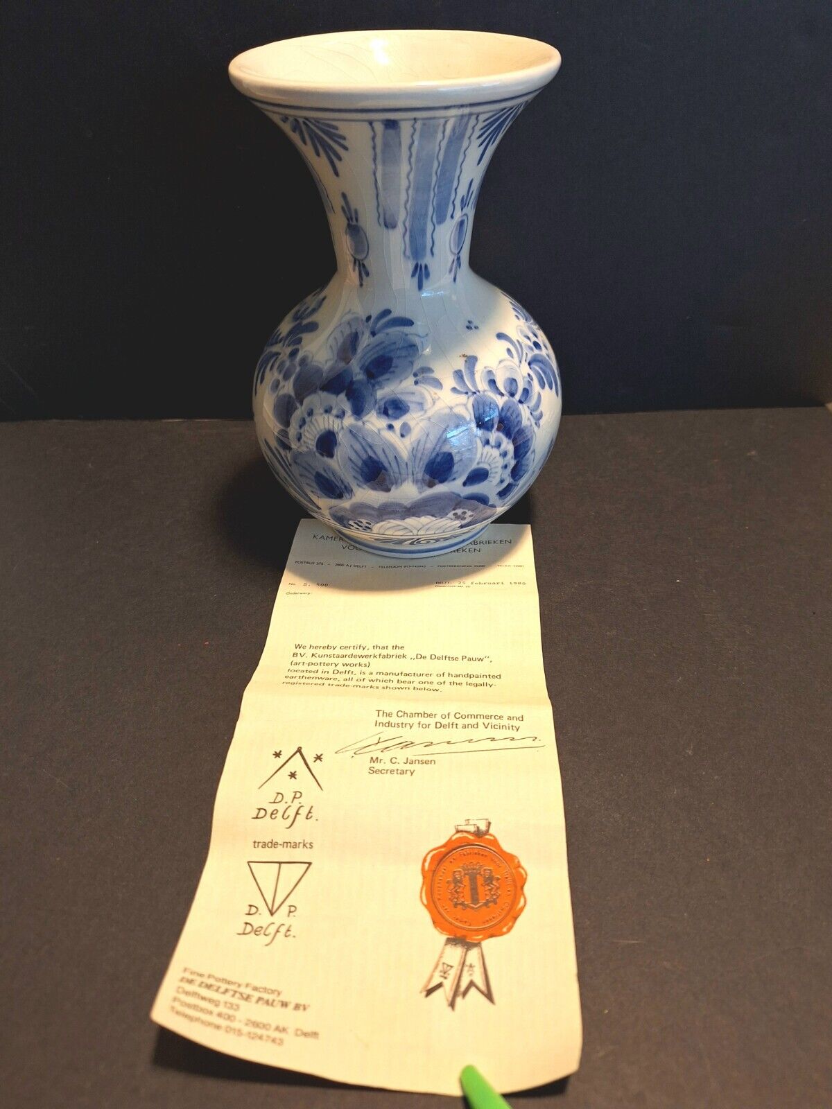 Delft Holland Vase Blue White Hand Painted 6.5” Tall Signed w/Papers 