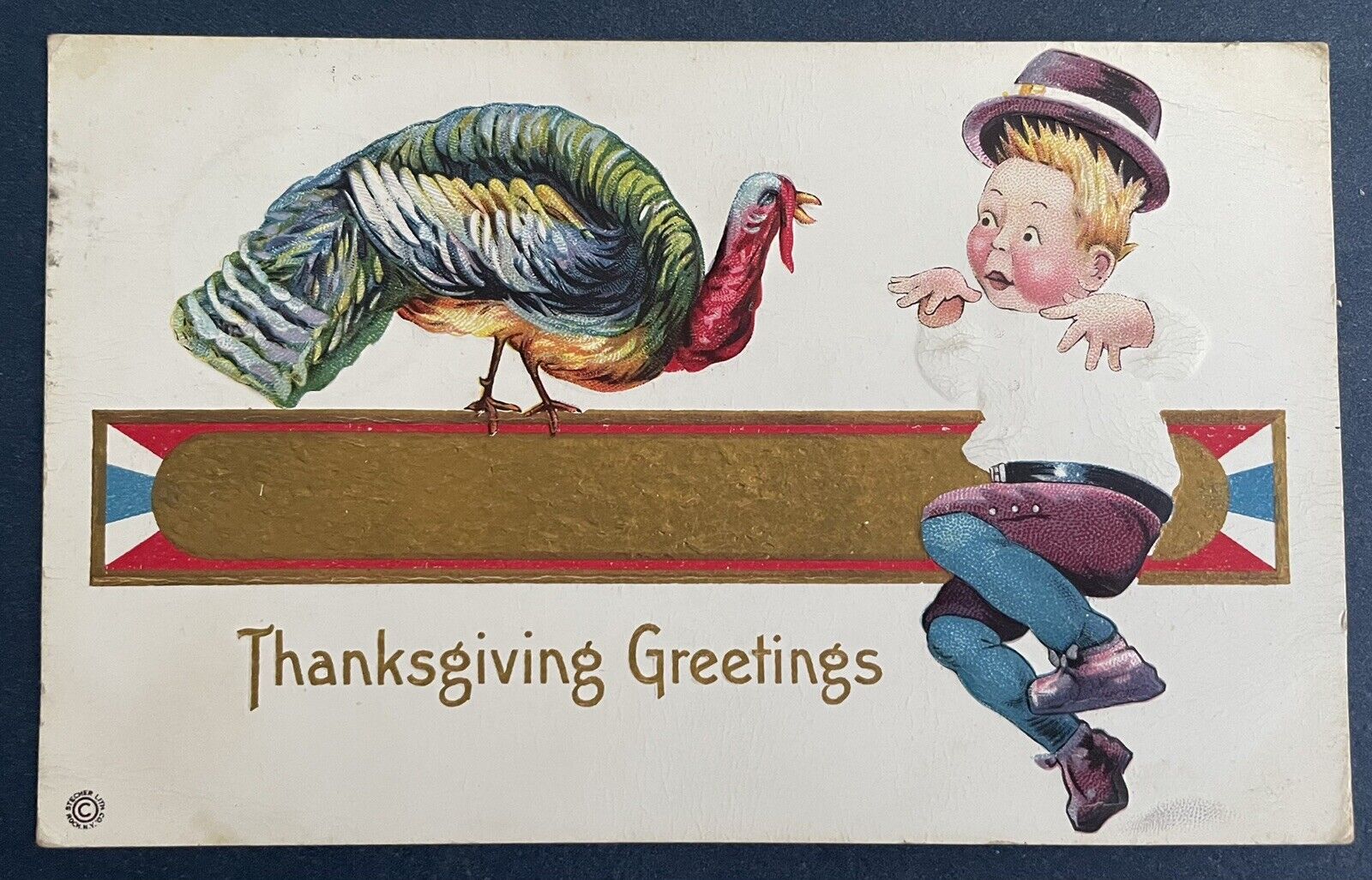 Postcard Thanksgiving Greetings Turkey Scaring Pilgrim Boy Humor Vintage 1915