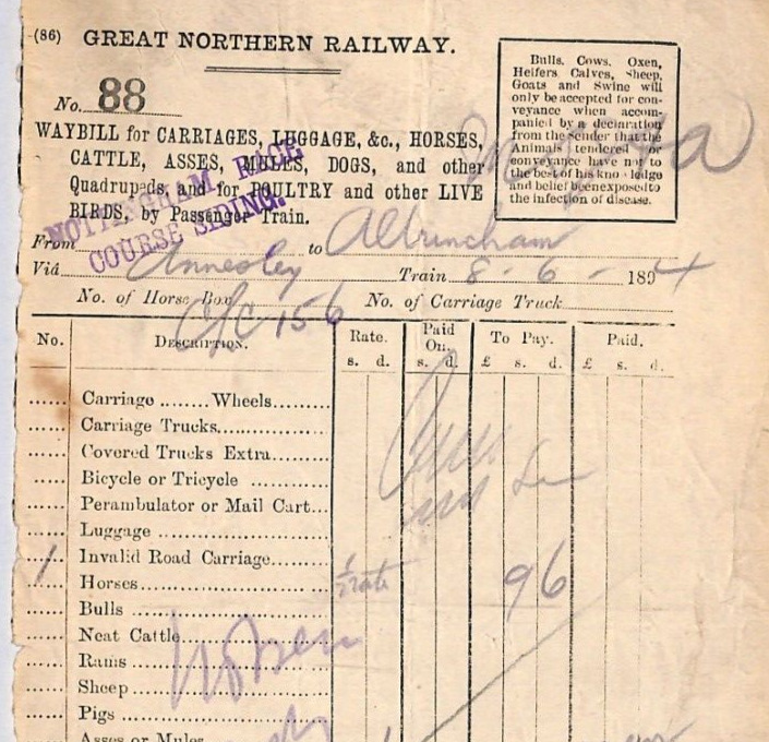 GB GNR RAILWAY Parcel Way Bill *NOTTINGHAM RACE COURSE* Horses 1894 V.RARE ZR35