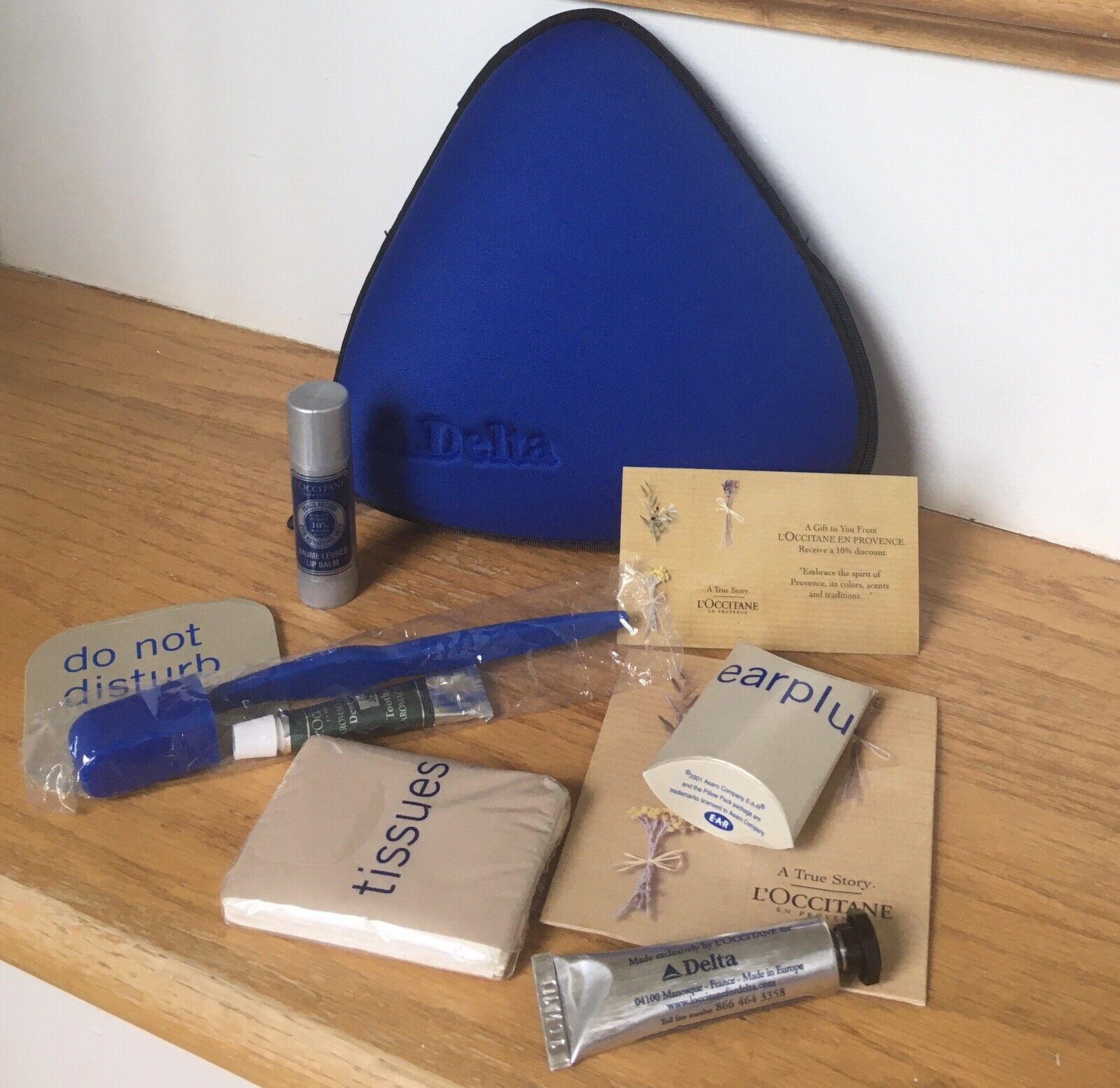 Vintage Delta Air Lines Blue Triangle Travel Amenities Kit With L\'Occitane Items