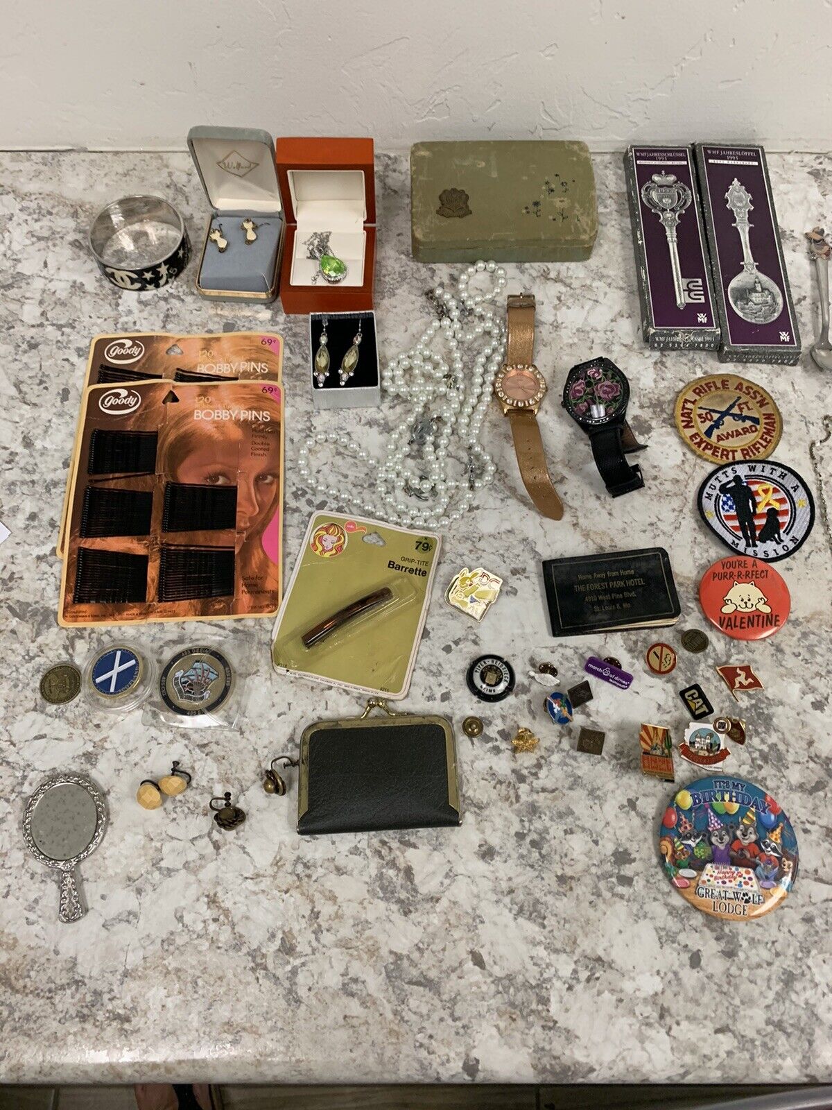 Vintage Junk Drawer Lot PINS, JEWELRY & Patches