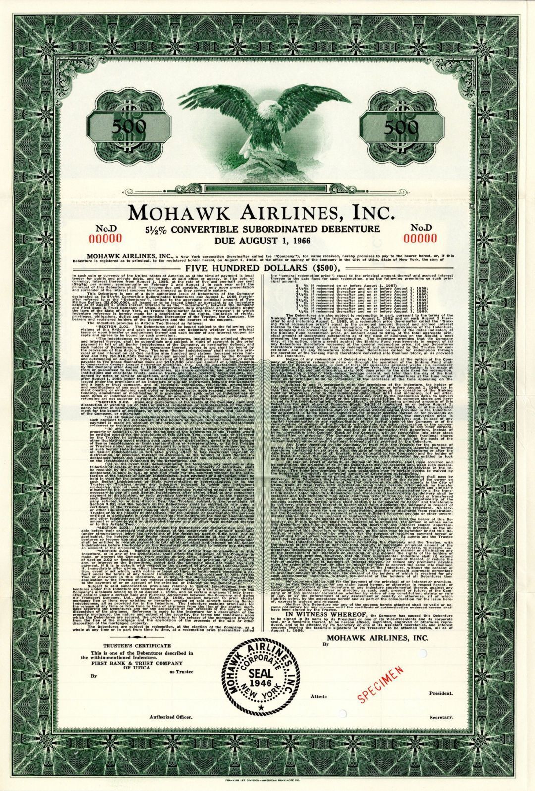 Mohawk Airlines, Inc. - 1966 dated $500 Specimen Bond - Specimen Stocks & Bonds