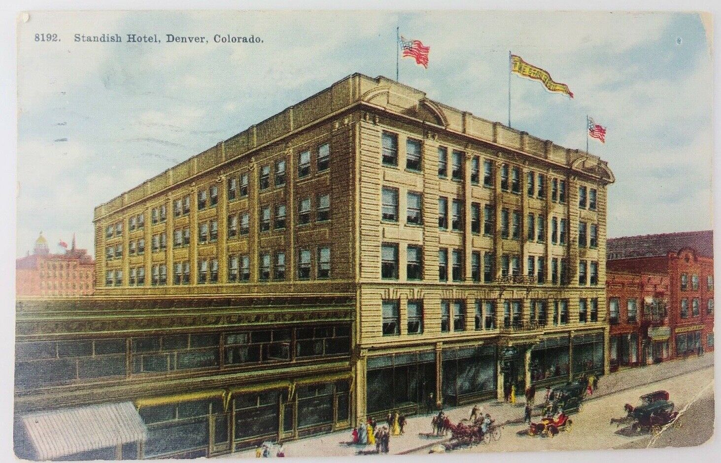 Vintage Denver Colorado CO Standish Hotel Postcard 1909 Horse Drawn Carriages