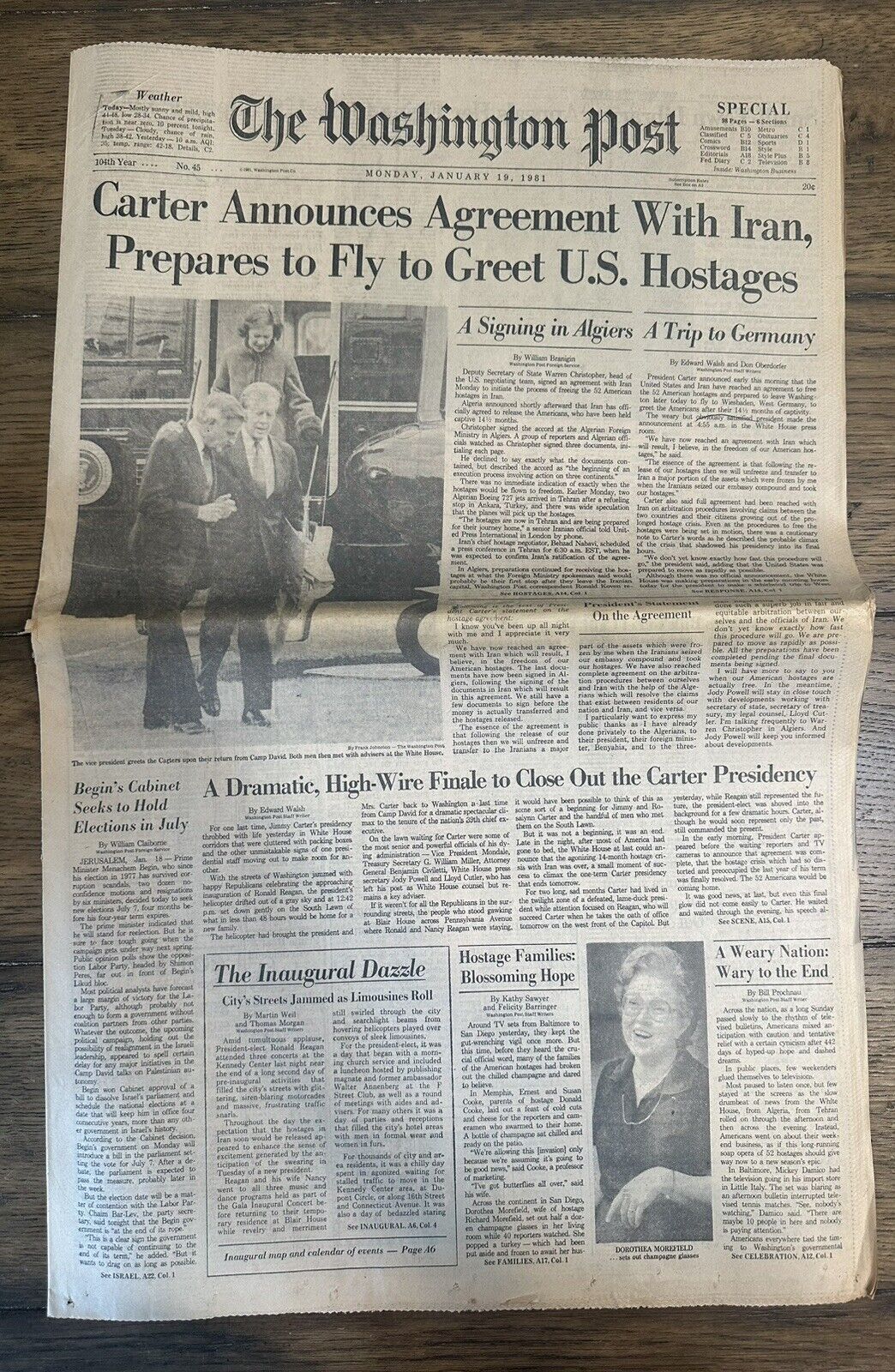 Washington Post Jan 19, 1981 Cater/ Iran Hostages Ronald Reagan Inaugural 