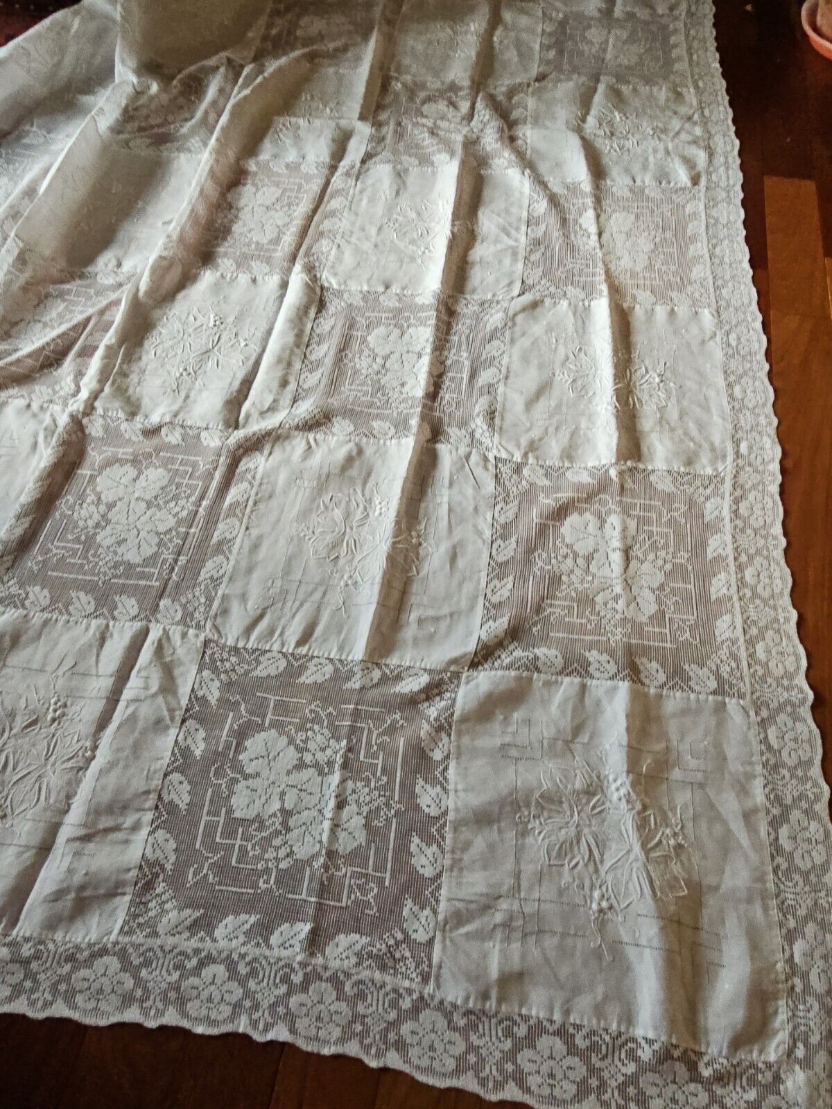 Vintage Pristine Lace & Embroidered Tablecloth Grape Motif 66x98 Inches (Tf)