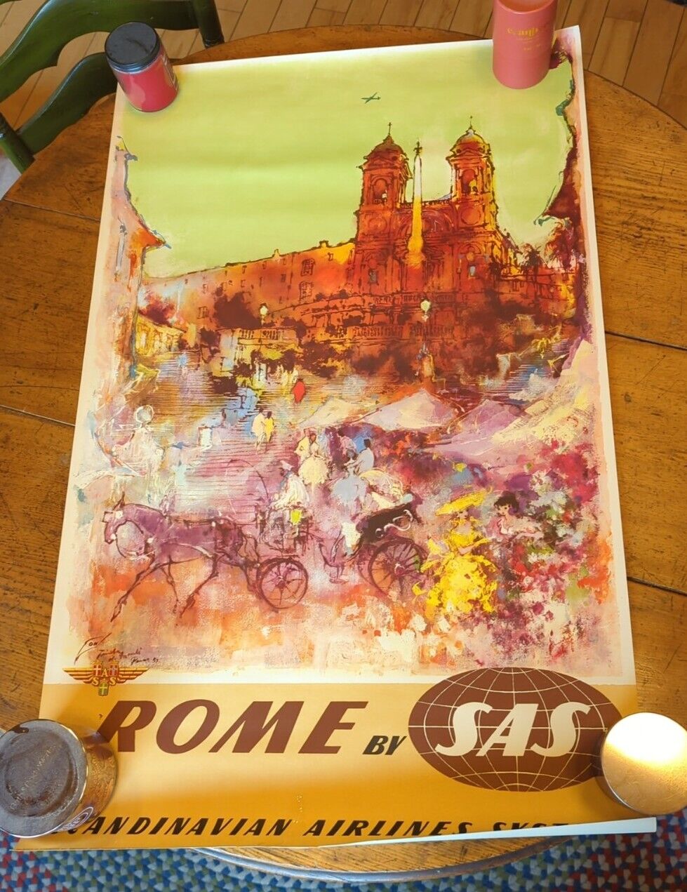 Vintage Original Rome SAS Scandinavian Airlines Systems Poster Advertising