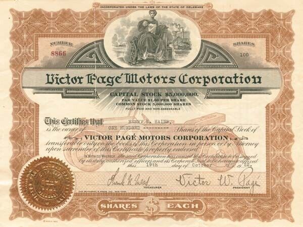Victor Page Motors Corporation - Stock Certificate - Automotive Stocks