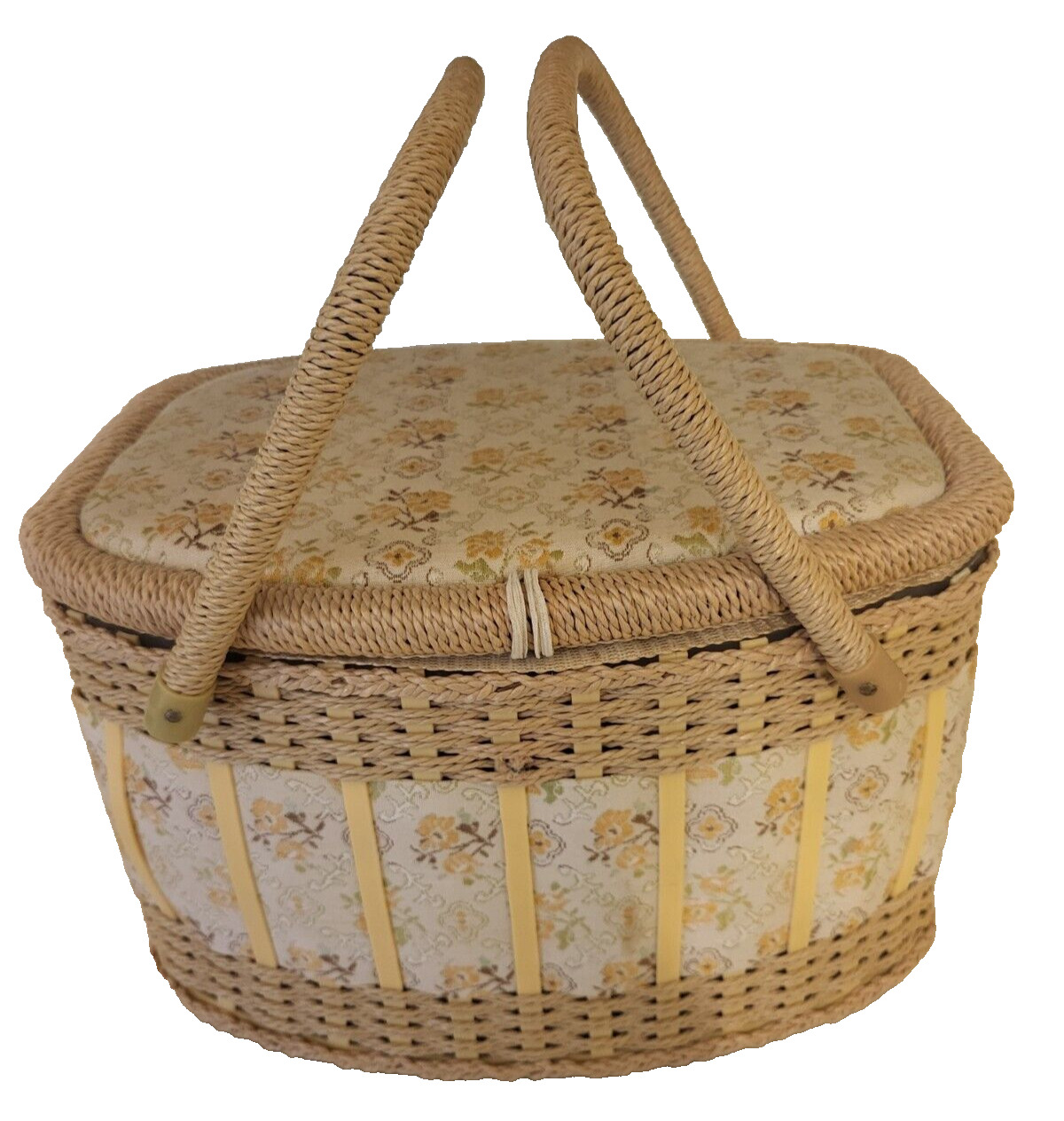 Sewing Basket Box Vintage floral Woven. Good size at 13x10x8 1/4 tall.