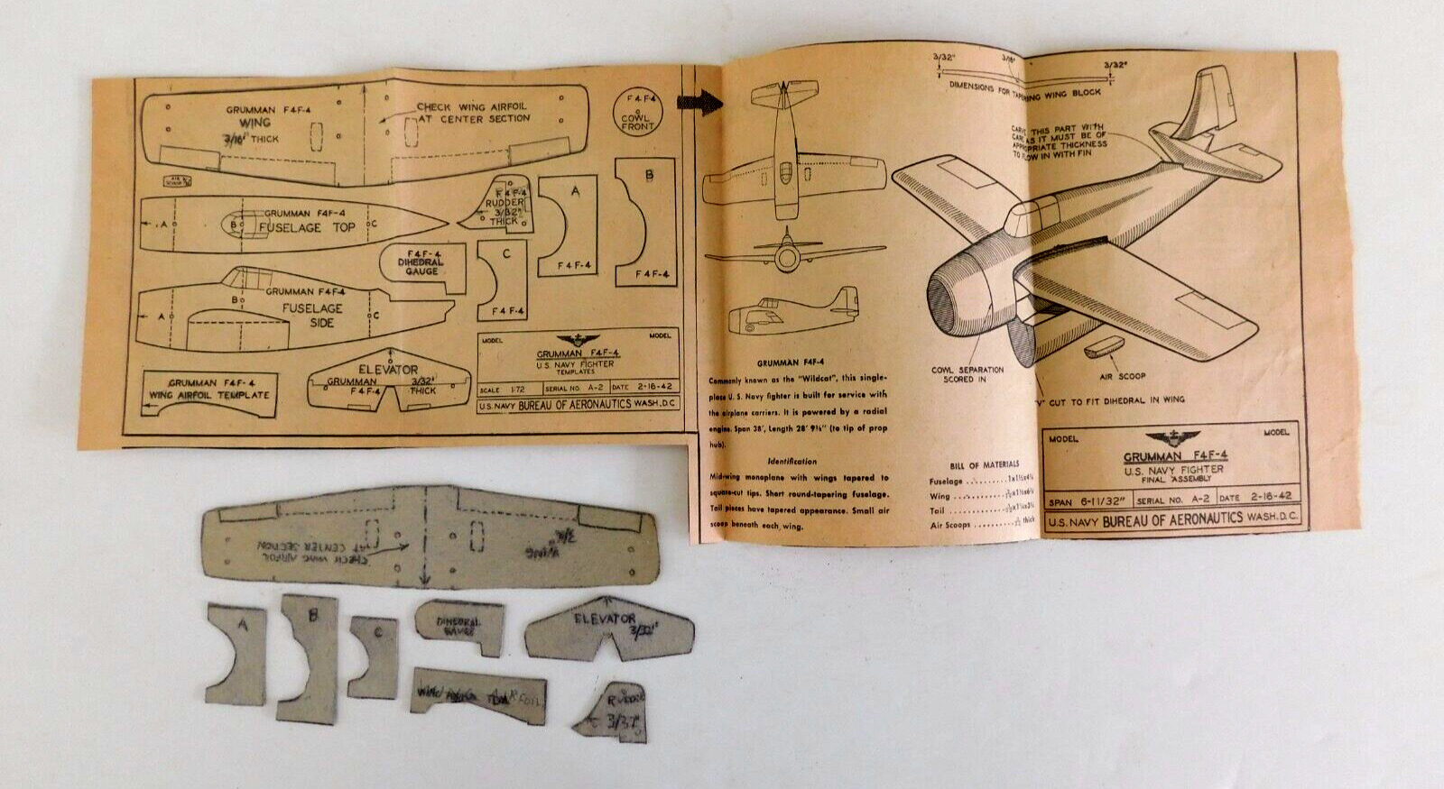 Grumman F4F-4 Wildcat Newspaper plans for 1:72 model cardboard 1942, no fuselage