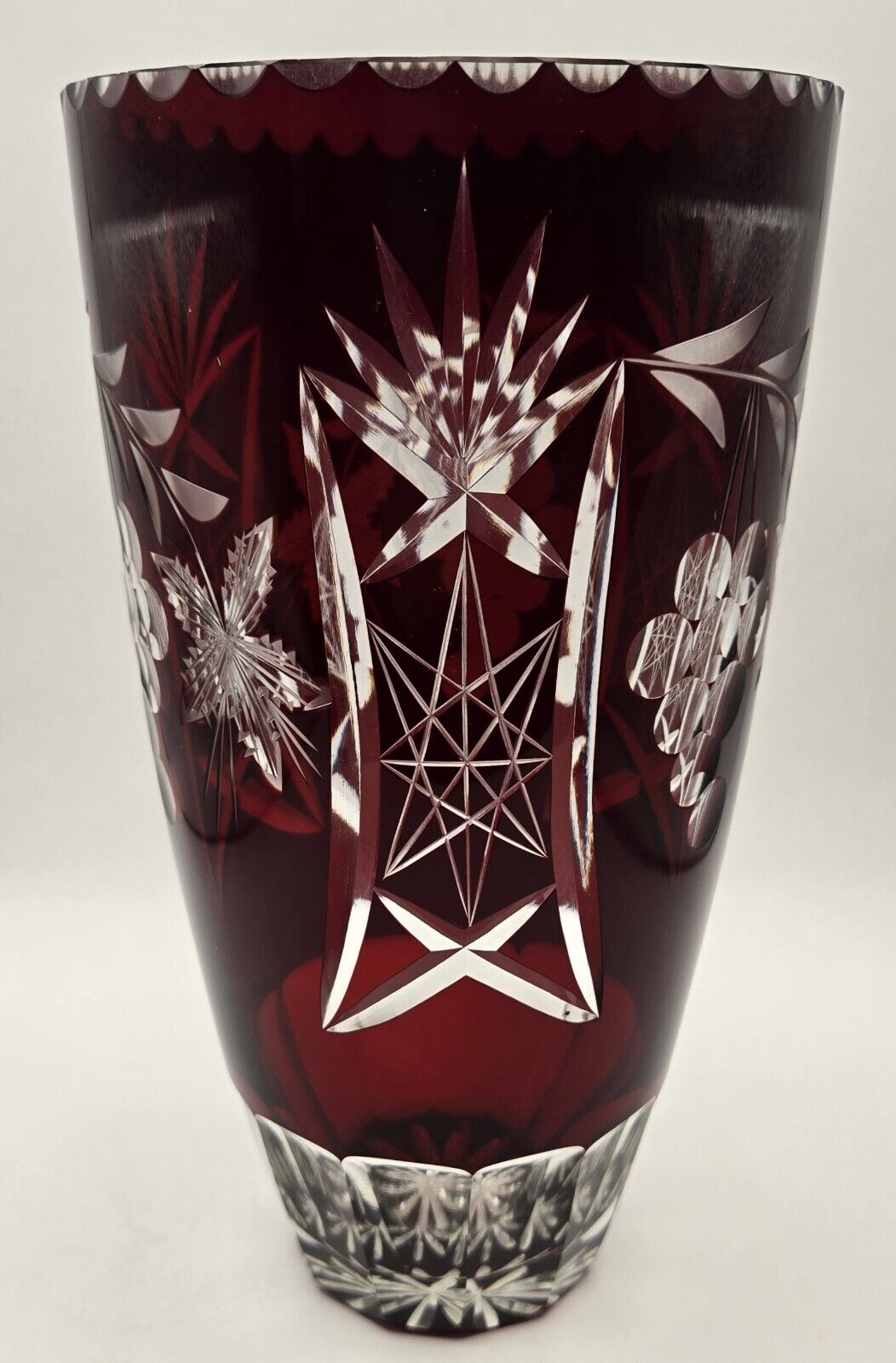 Vintage Czech Bohemian Ruby Red Cut to Clear Crystal Glass Vase 8.25