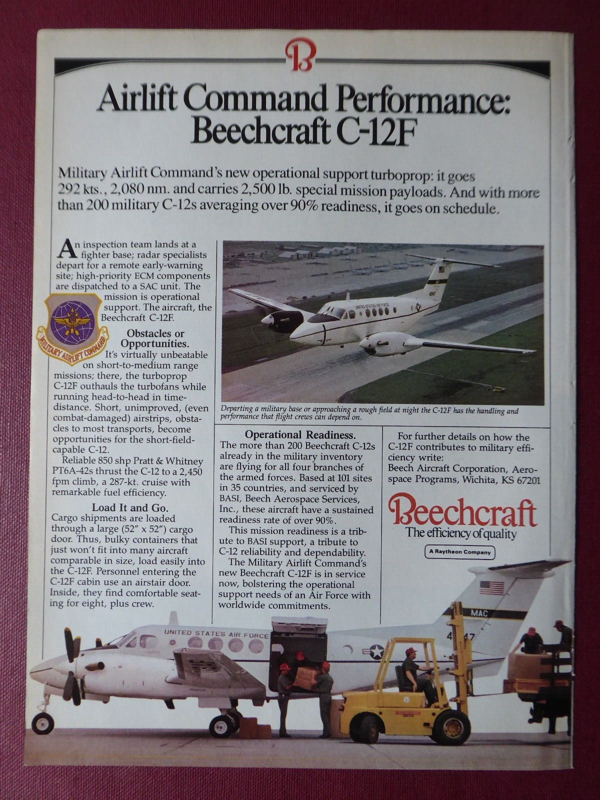 10/1984 PUB BEECHCRAFT C-12F TURBOPROP MILITARY AIRLIFT COMMAND MAC ORIGINAL AD