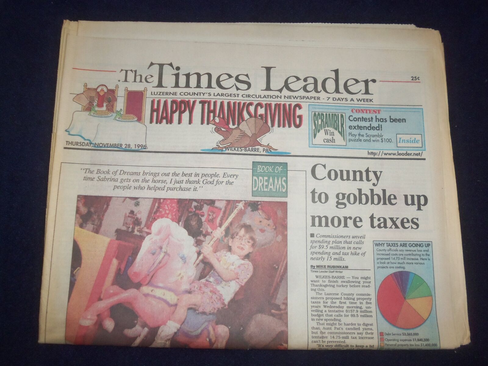 1996 NOVEMBER 28 WILKES-BARRE TIMES LEADER - HAPPY THANKSGIVING - NP 8172