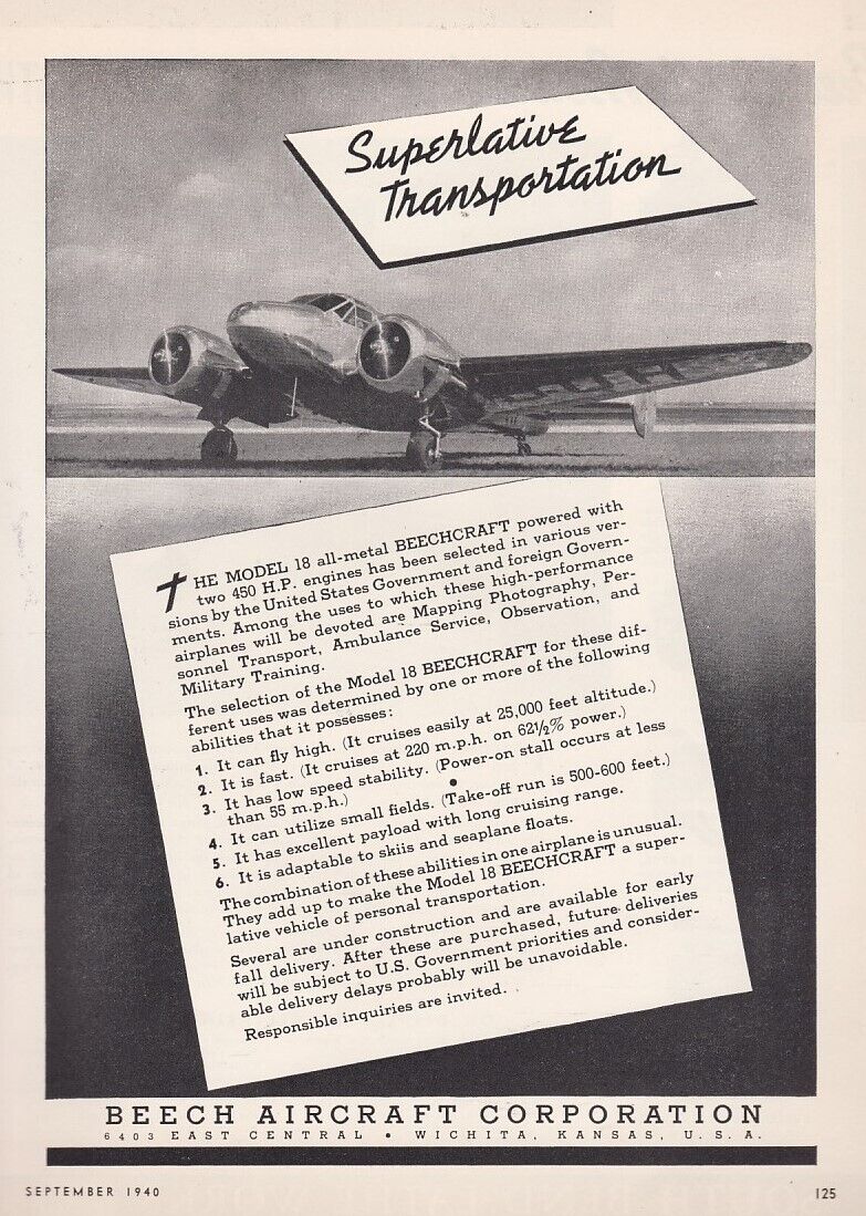 1940 Beechcraft 18 Aircraft ad 11/8/2022e