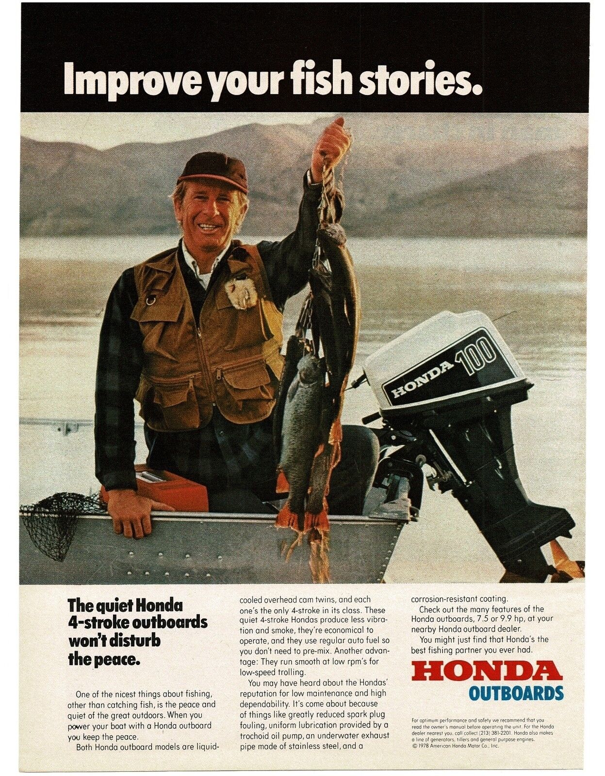 1978 HONDA 100 HP Outboard Boat Motor Fisherman With String Of Fish Vintage Ad 
