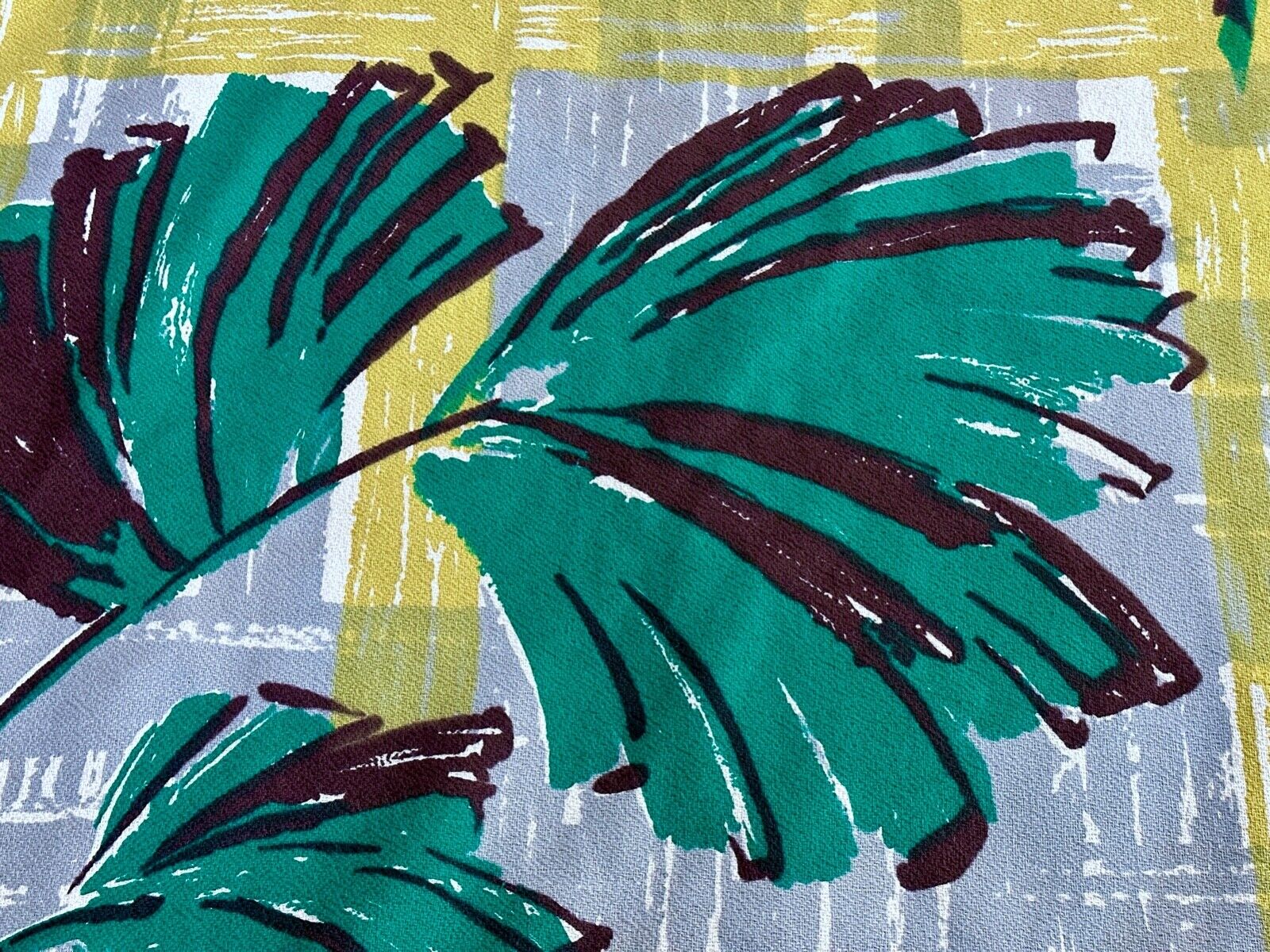 1940s Hand Print TAHITI Polynesian Leafy Abstract PLAID Barkcloth Vintage Fabric