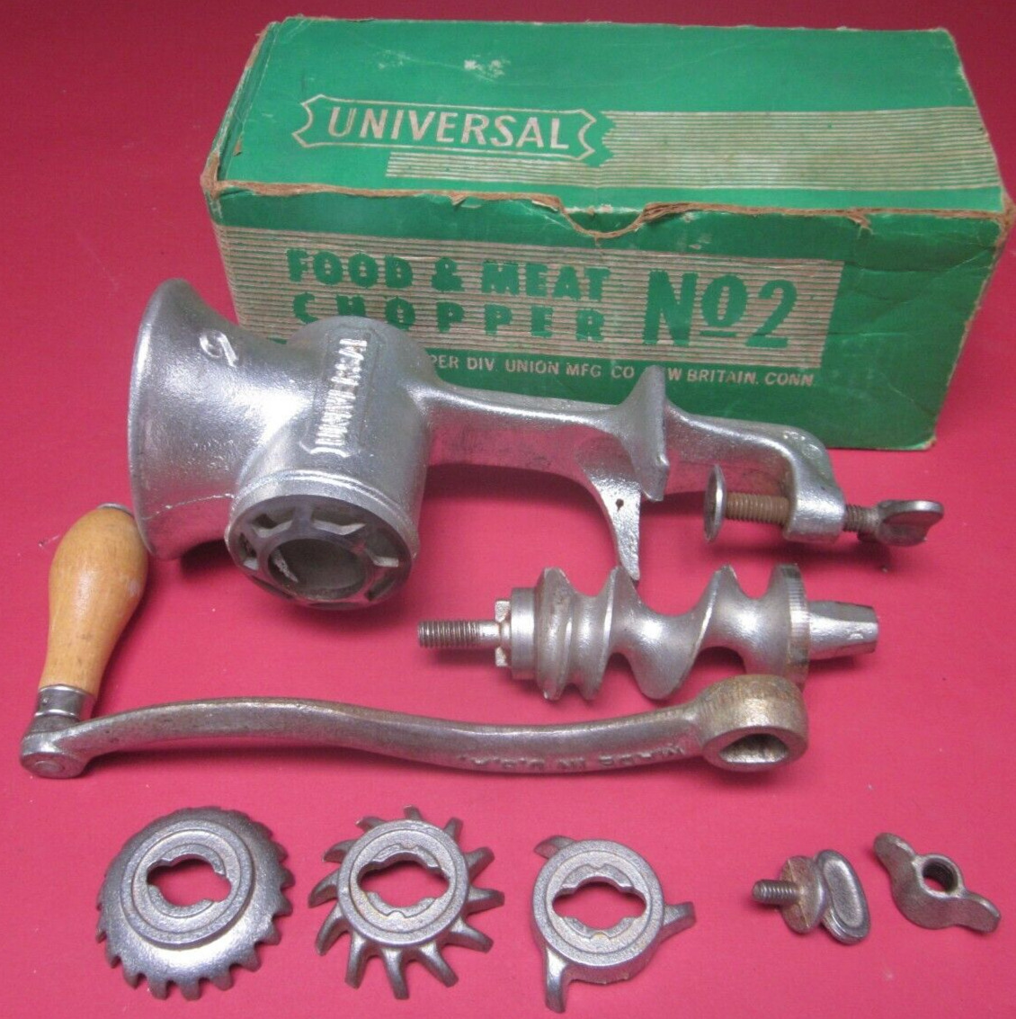 Universal no. 2 food chopper & meat grinder, hand cranked in original box -USA