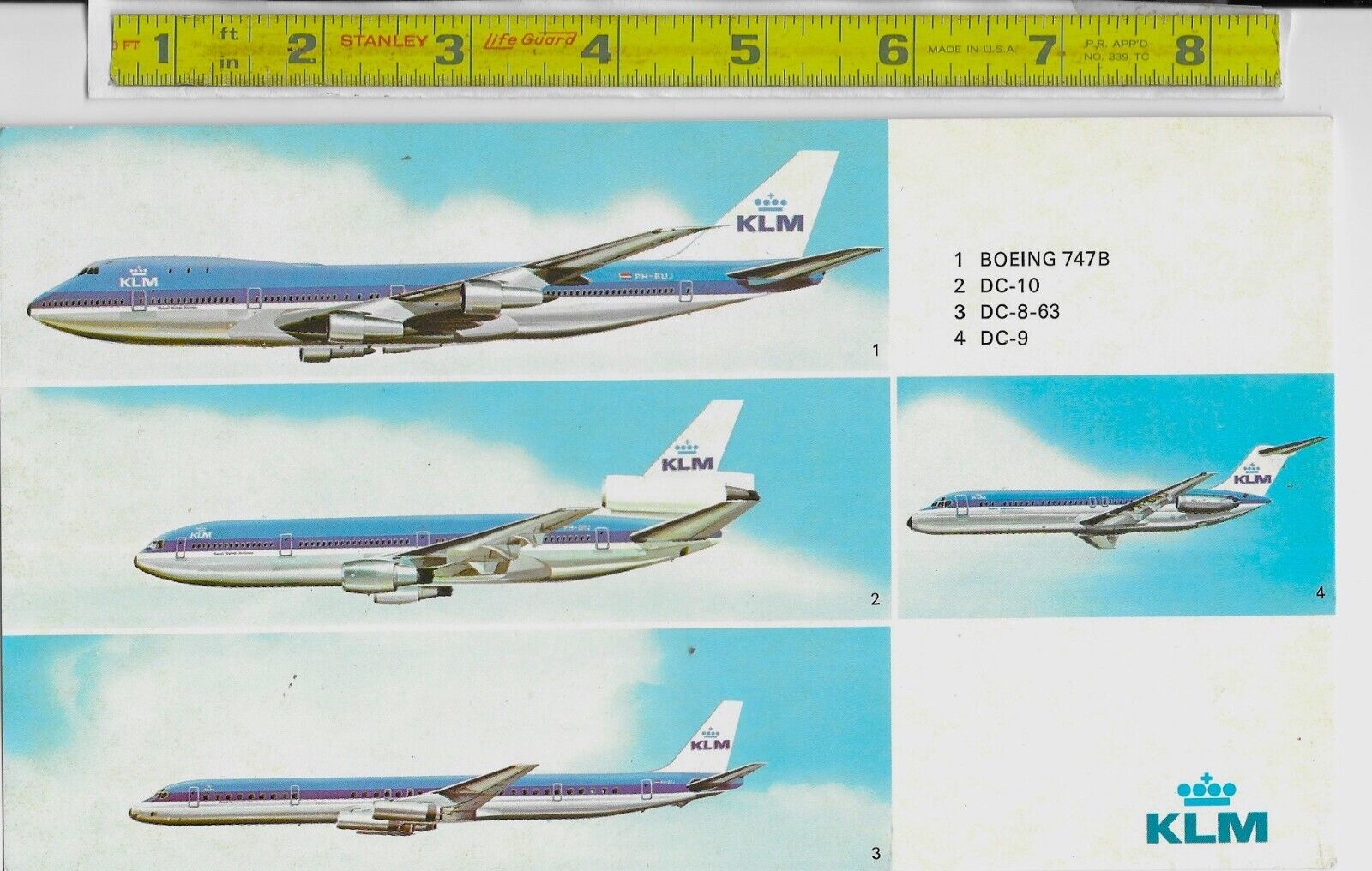 KLM Postcard DC-9, DC-8-63, DC-10, 747B Airline issued Large Card