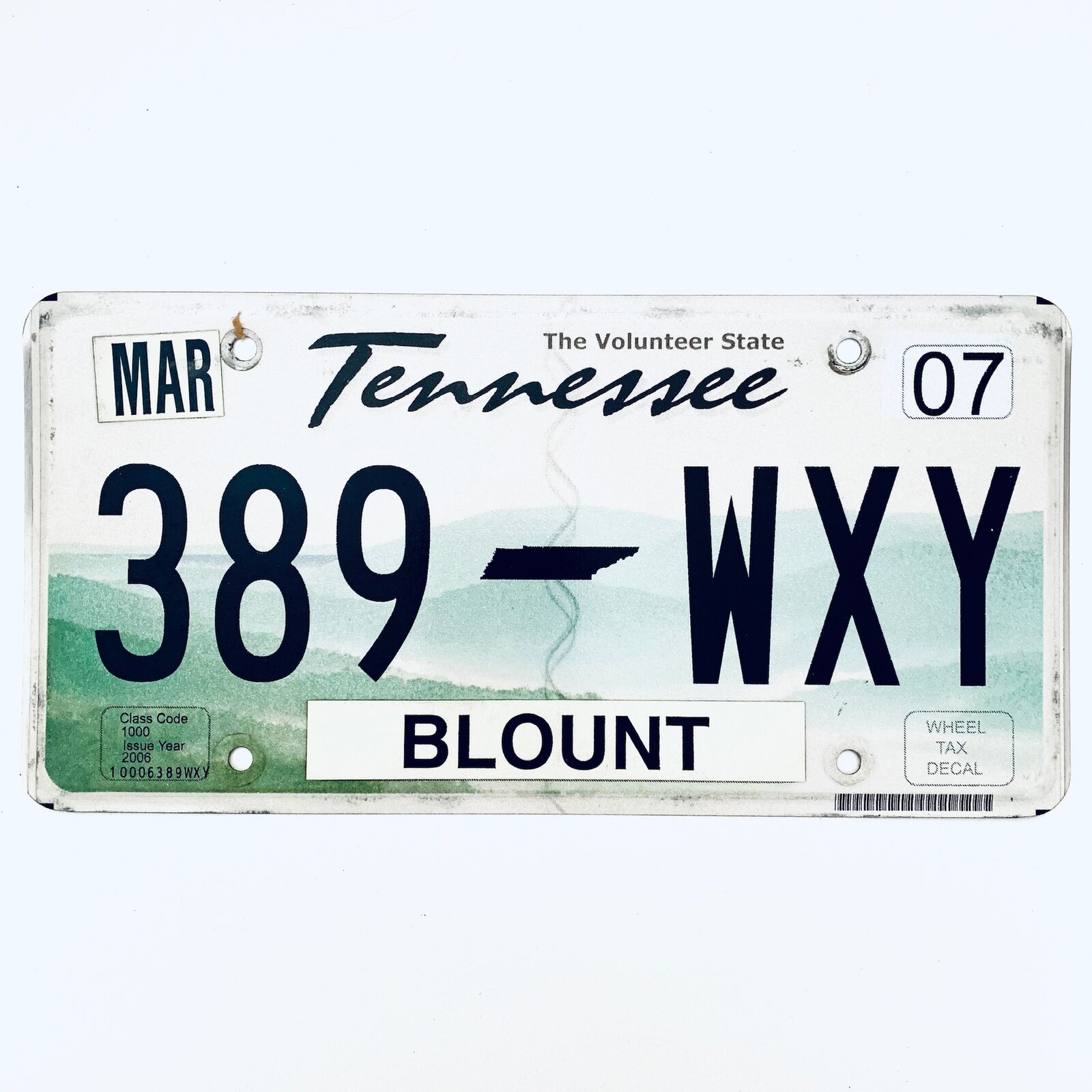 2007 United States Tennessee Blount County Passenger License Plate 389 WXY