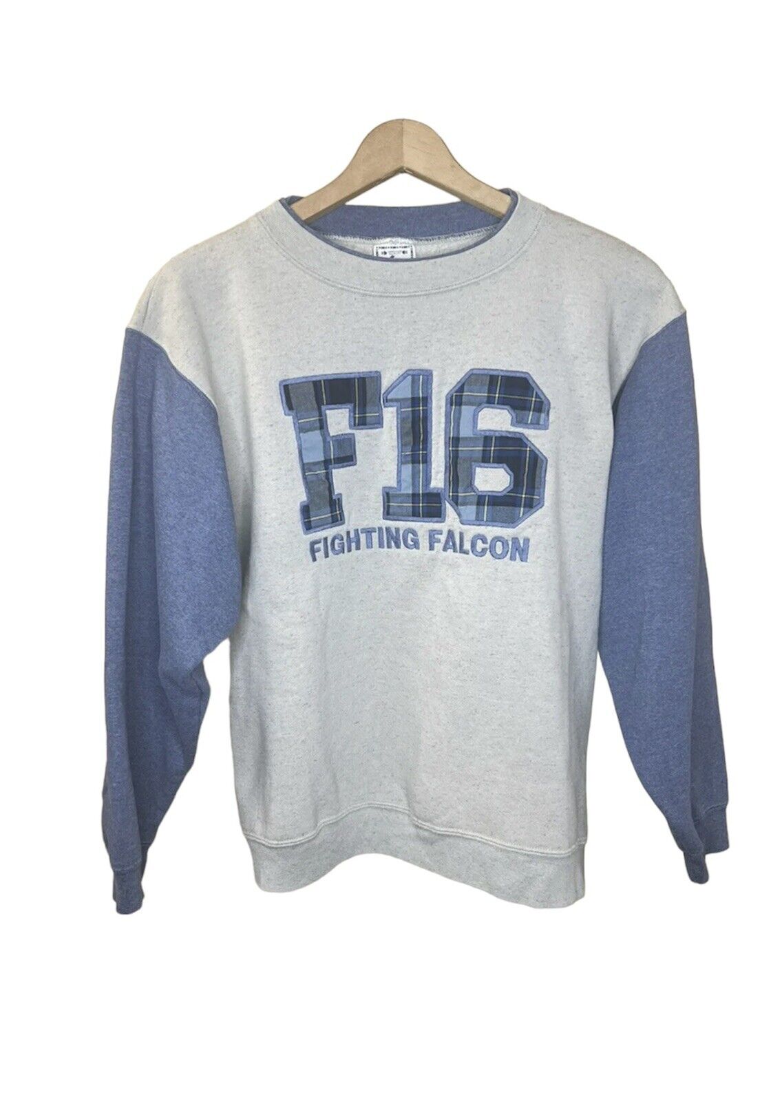 Vintage F-16 Fighting Falcon Large Crewneck Two Tone Blue Grey Embroidered 