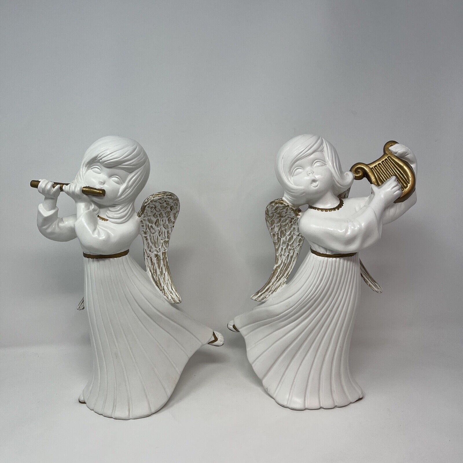 2 Atlantic Mold Ceramic Angels Playing Flute & Harp Statues 11 1/2\