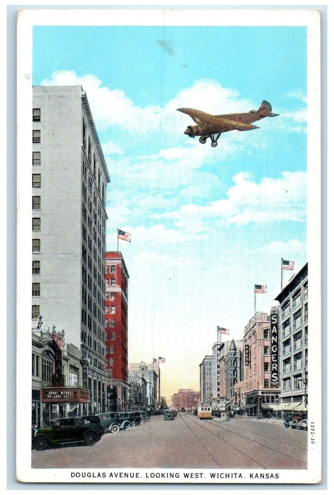 c1940s Douglas Avenue Looking West Wichita Kansas KS Unposted Aeroplane Postcard