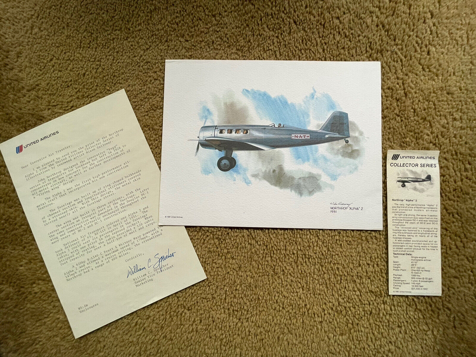 United Airlines Northrop Alpha 2 Airplane, Nixon Galloway Print W/Letter ++ 1981