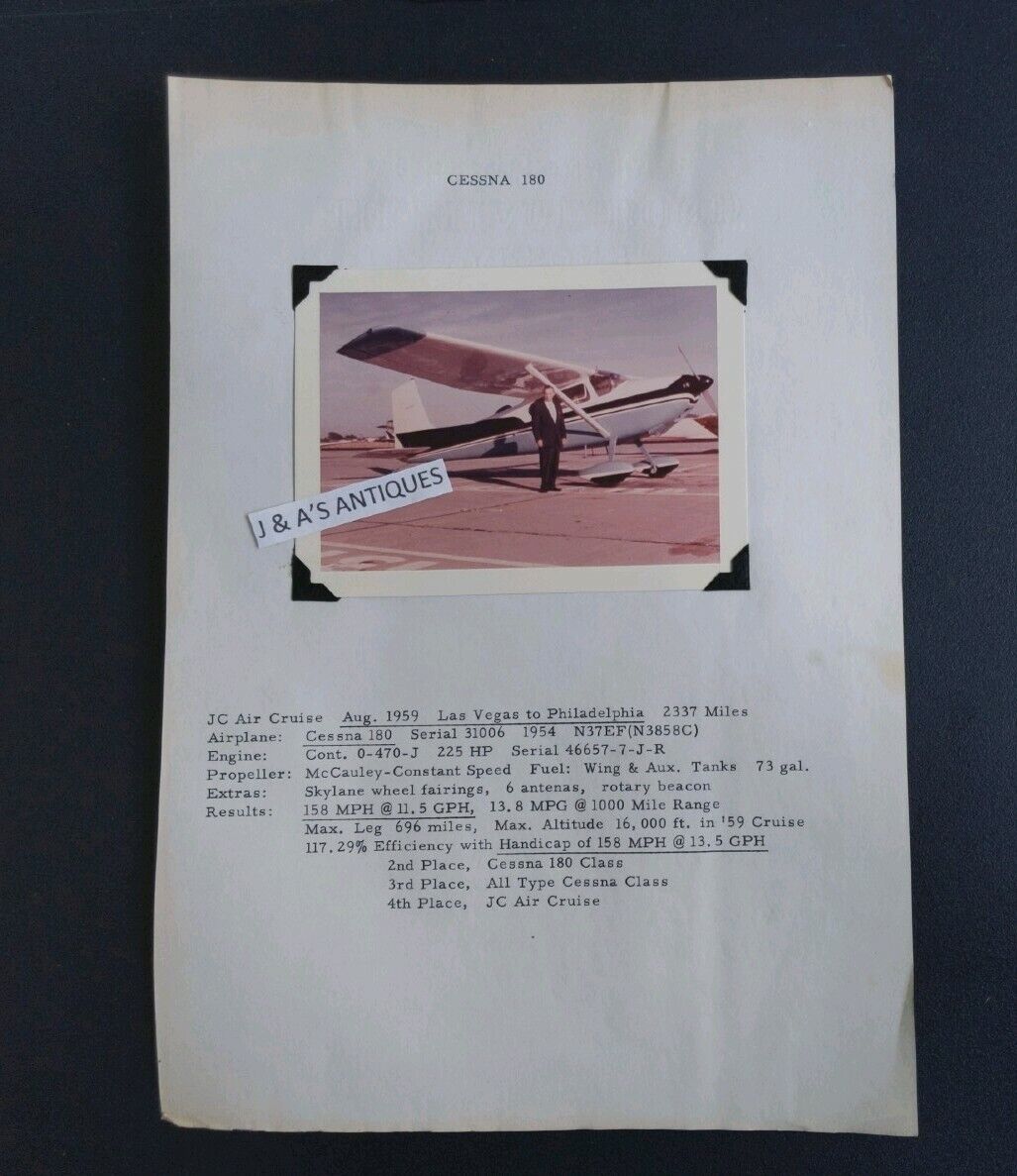 Vintage CESSNA 180 Plane Photo Aviation & Original Owner Stats