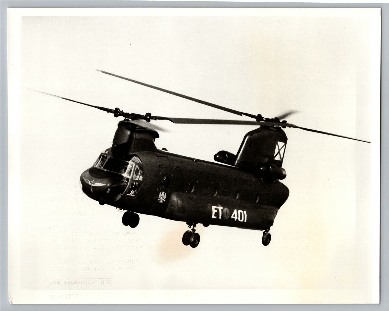 Aviation Boeing Vertol CH-47C Chinook Spanish Army Markings c1960s B&W Photo C6