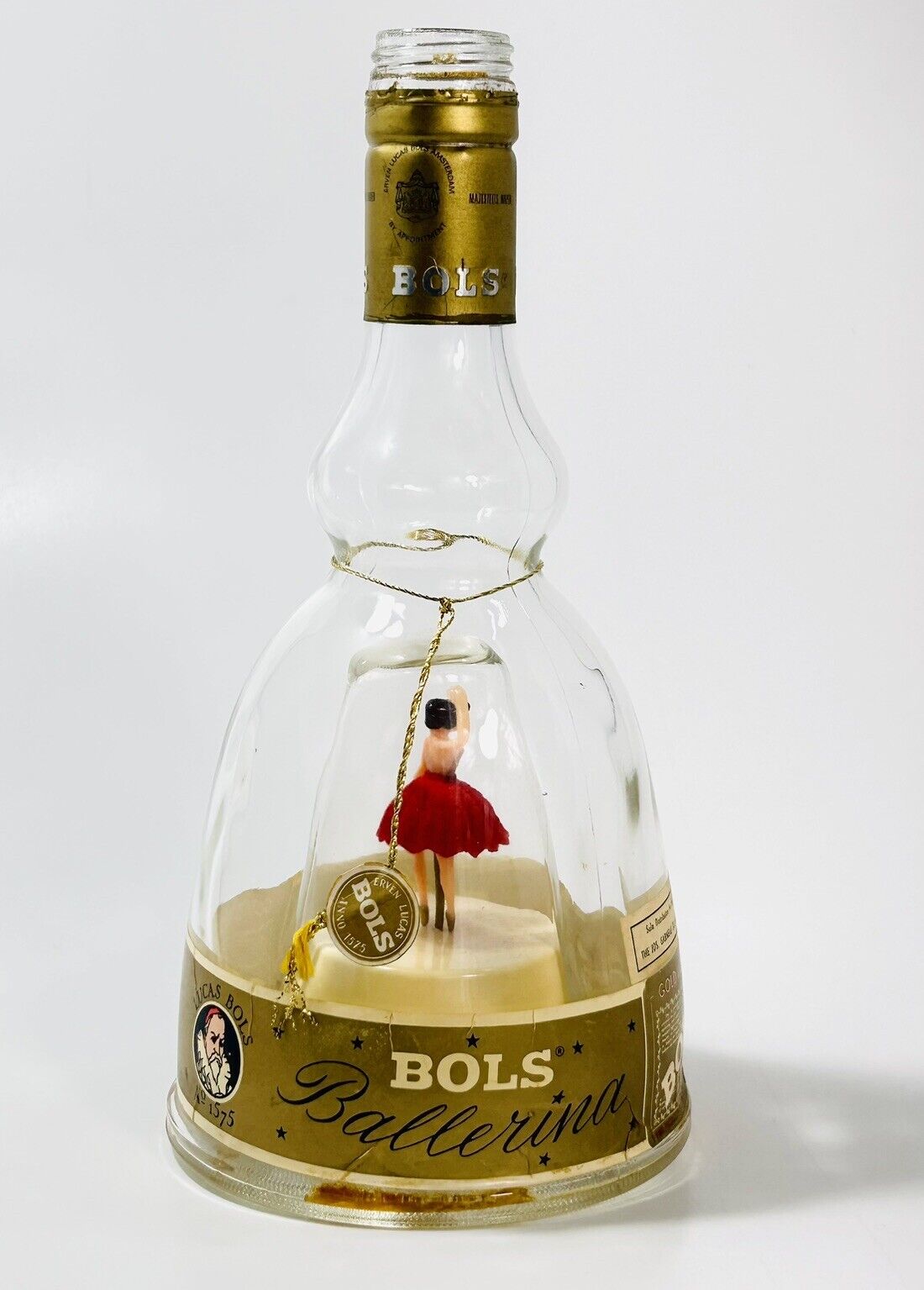 Vintage Bols Ballerina Gold Liquor Glass Bottle Music Box Red Dress Works