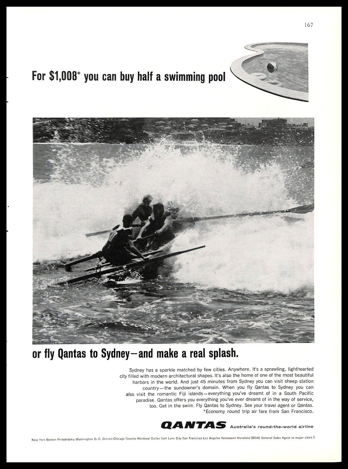 1965 Qantas Airline Vintage PRINT AD Australia Sydney Travel Swimming Pool