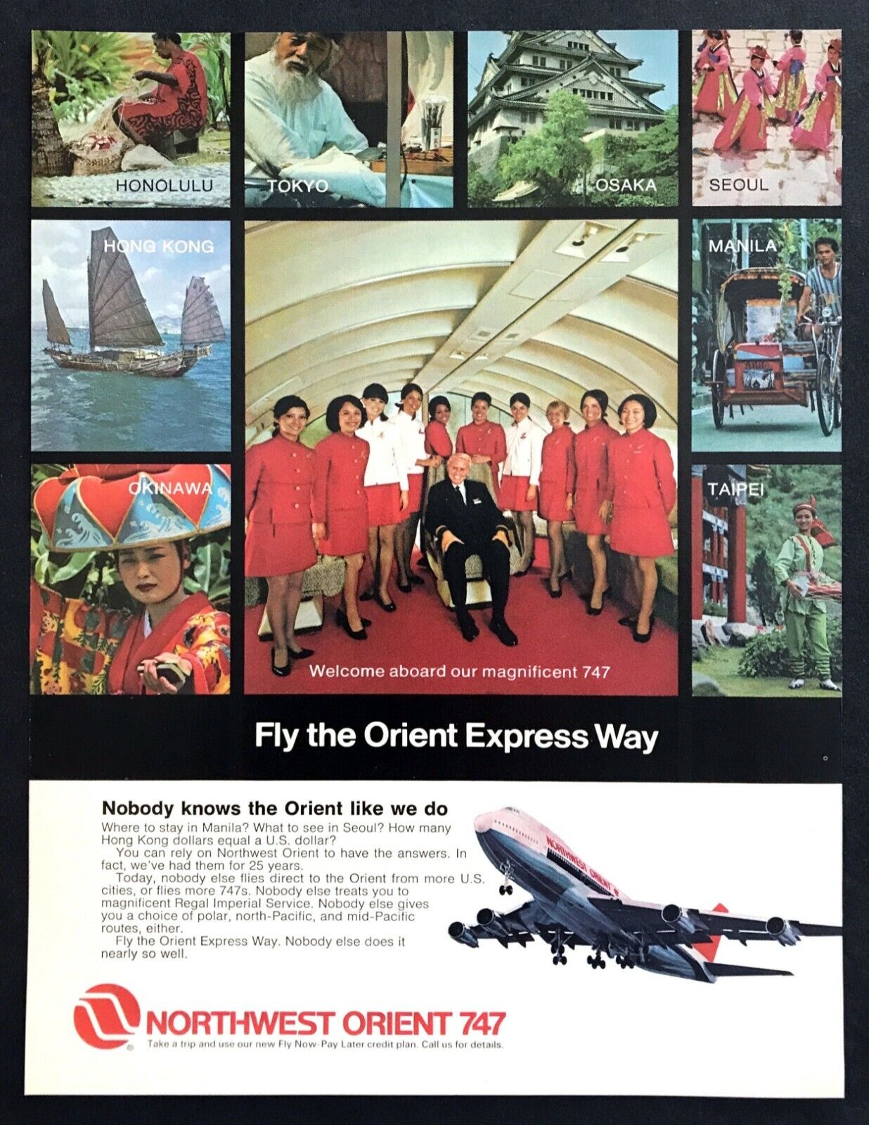 1972 Northwest Orient Airlines 747 Crew & Stewardess photo vintage print ad