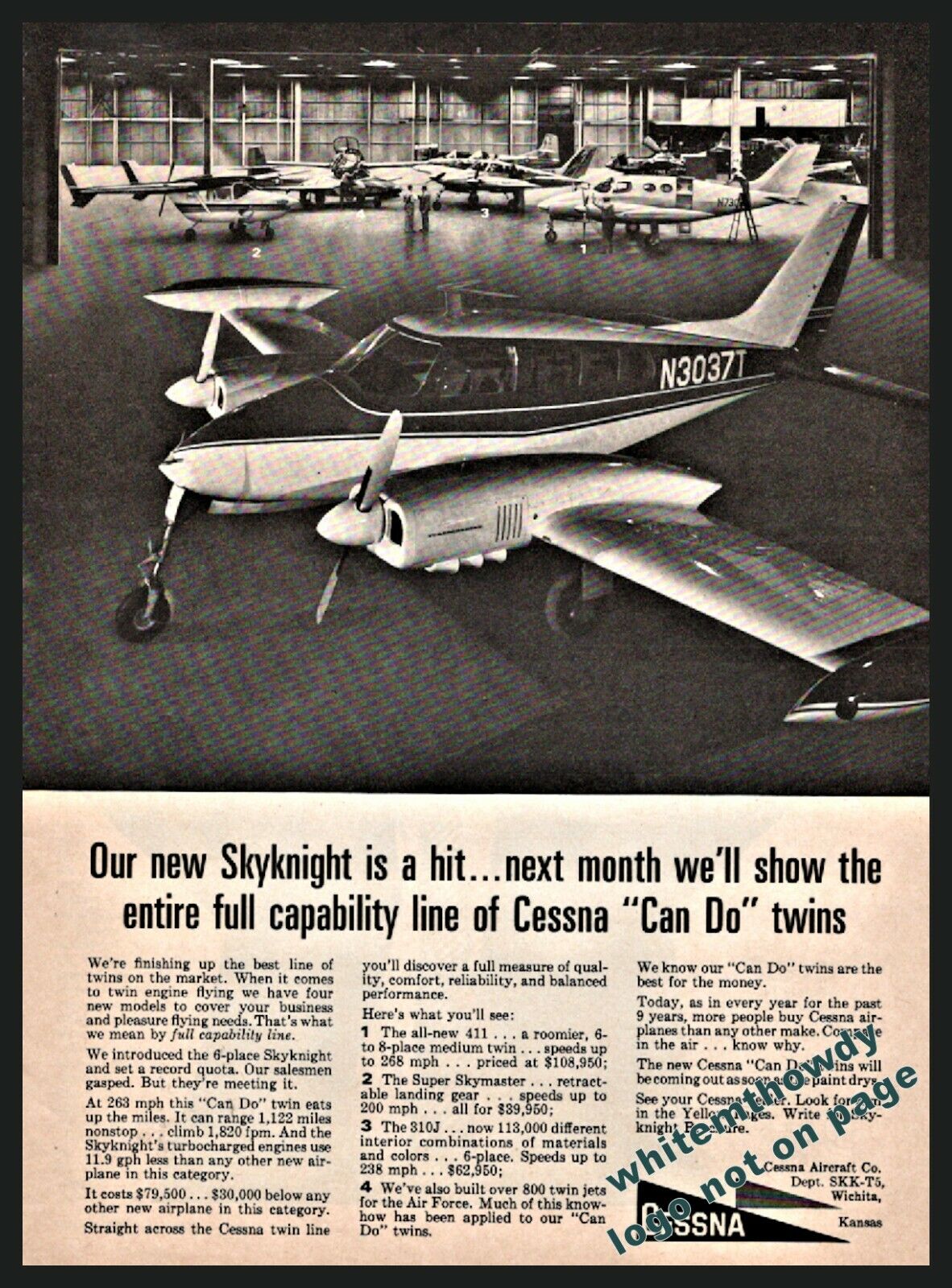 1965 CESSNA SKYKNIGHT N3047T Aircraft Photo AD~Vintage Plane Airplane