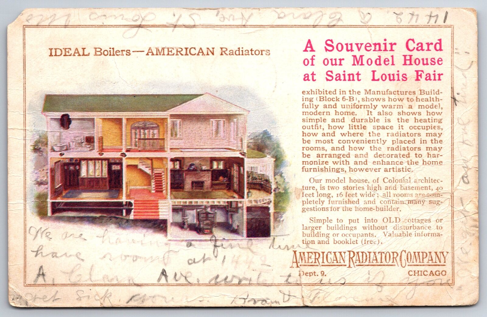 Chicago IL~American Radiator Co~House Cut-Away Souvenir St Louis Fair~1904 Ad PC