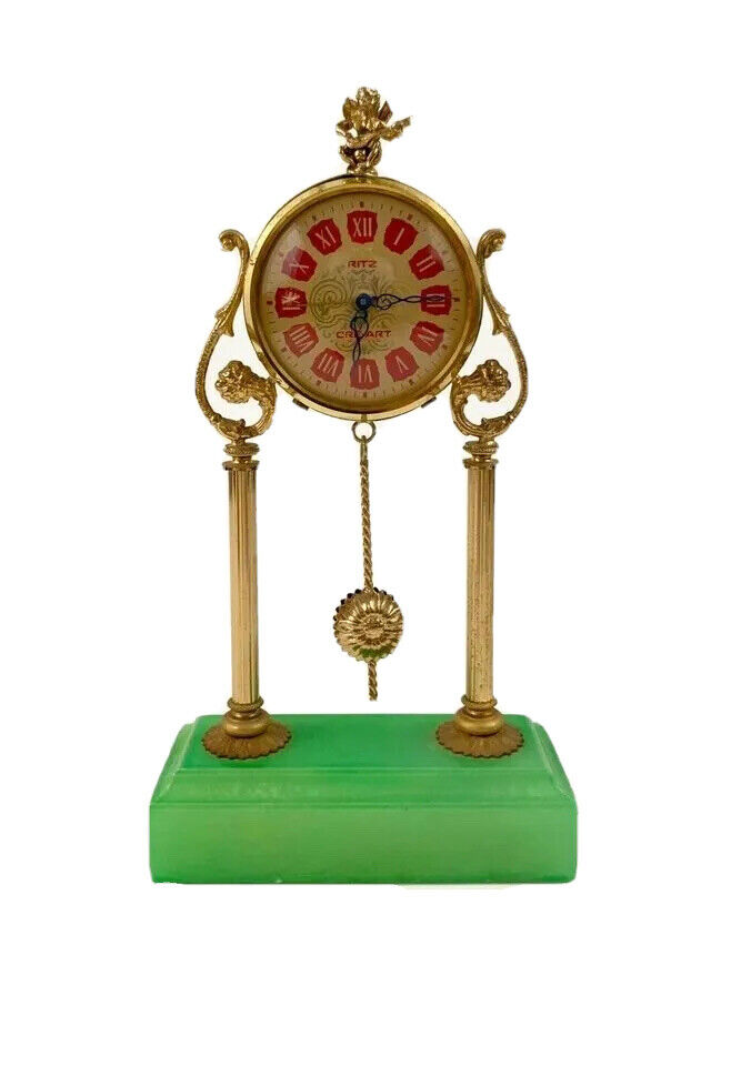 Clock Brass Cherub Top Design Windup Clock with Stone Base Vintage Decor