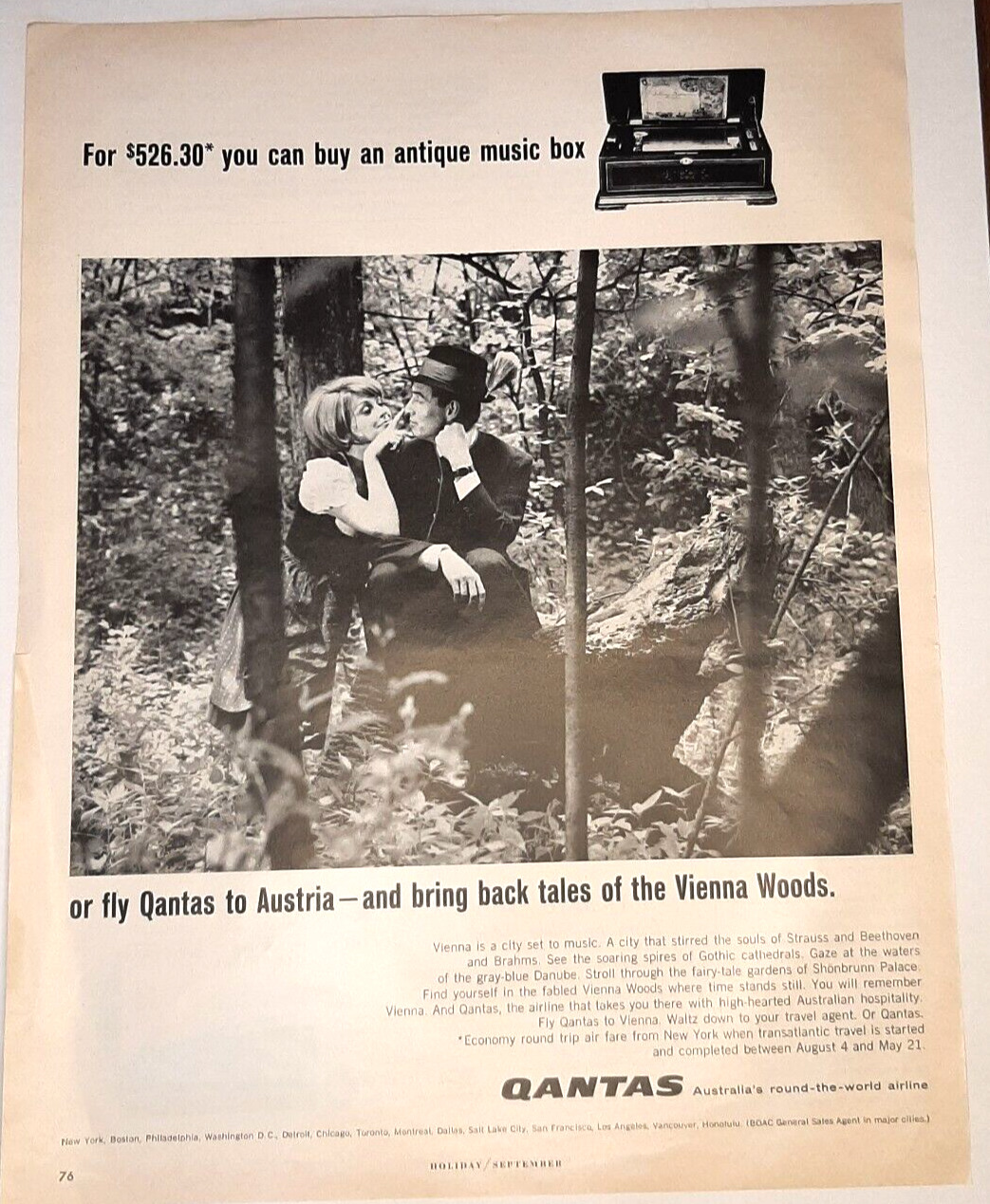 1965 Qantas Vintage Print Ad Australia Airline Vienna Austria Couple Woods B&W